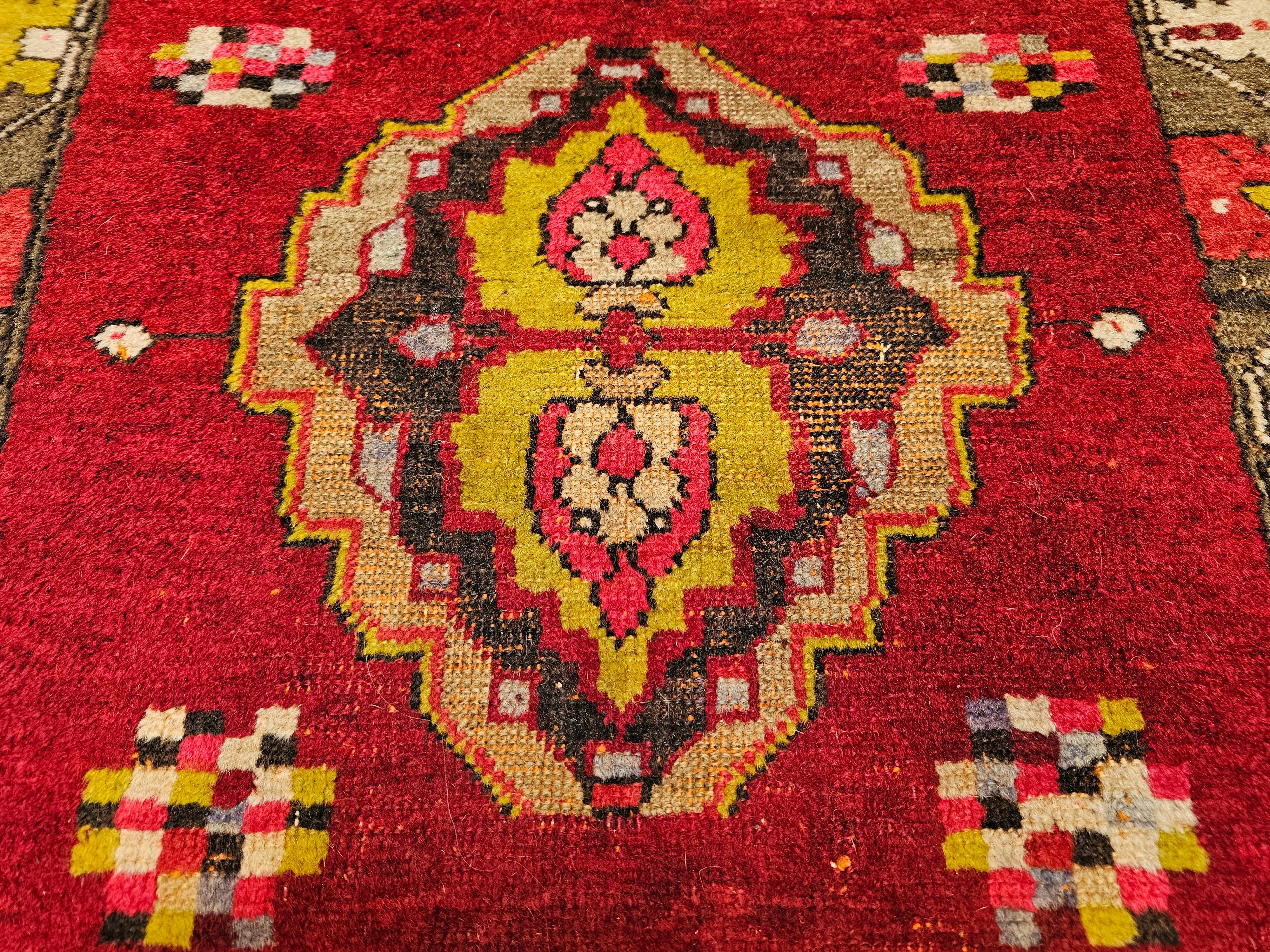 Early 20th Century Square Size Turkish Oushak in Red, Chartreuse, Pink, Brown In Good Condition For Sale In Barrington, IL