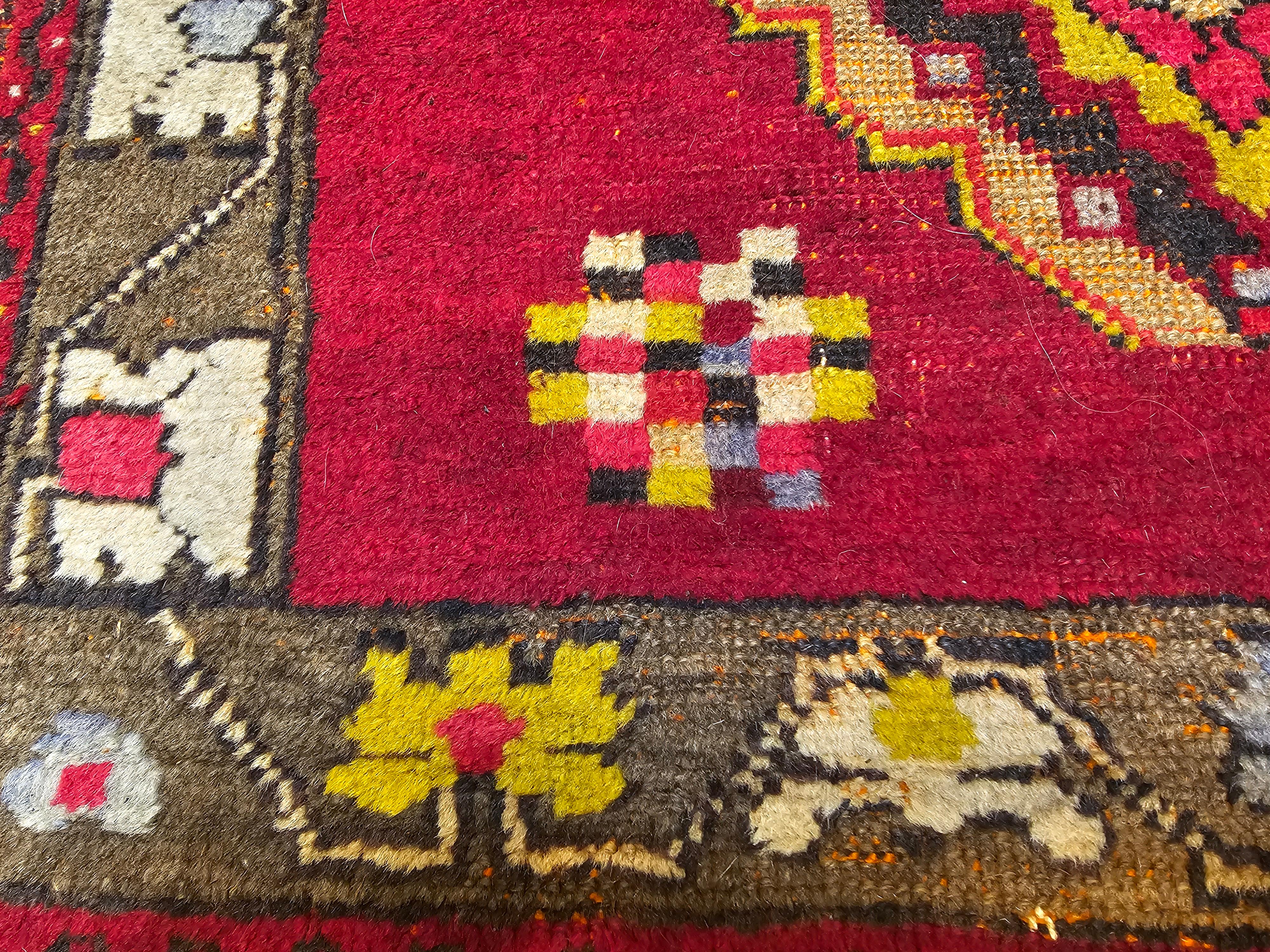 Wool Early 20th Century Square Size Turkish Oushak in Red, Chartreuse, Pink, Brown For Sale