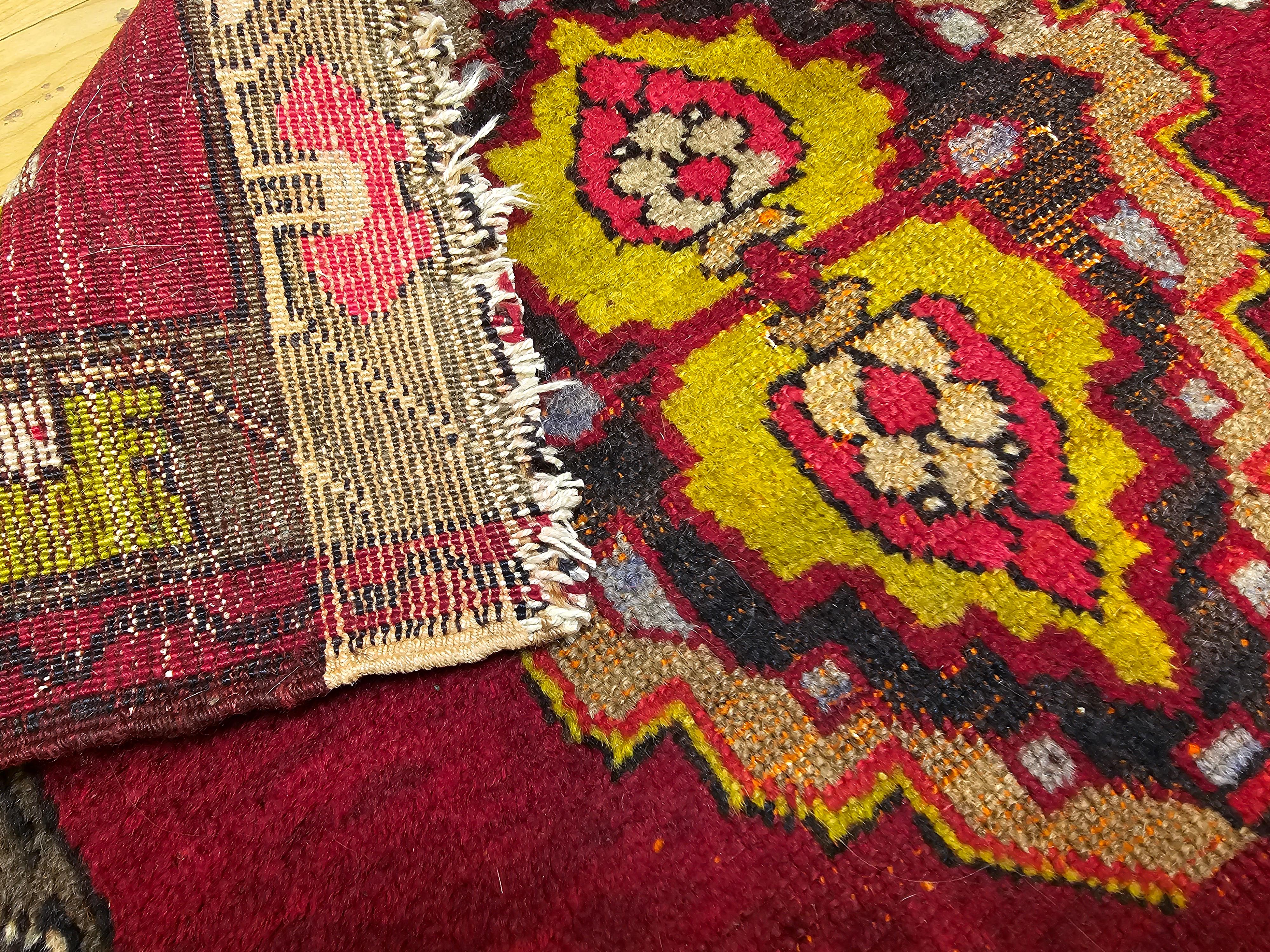 Early 20th Century Square Size Turkish Oushak in Red, Chartreuse, Pink, Brown For Sale 1