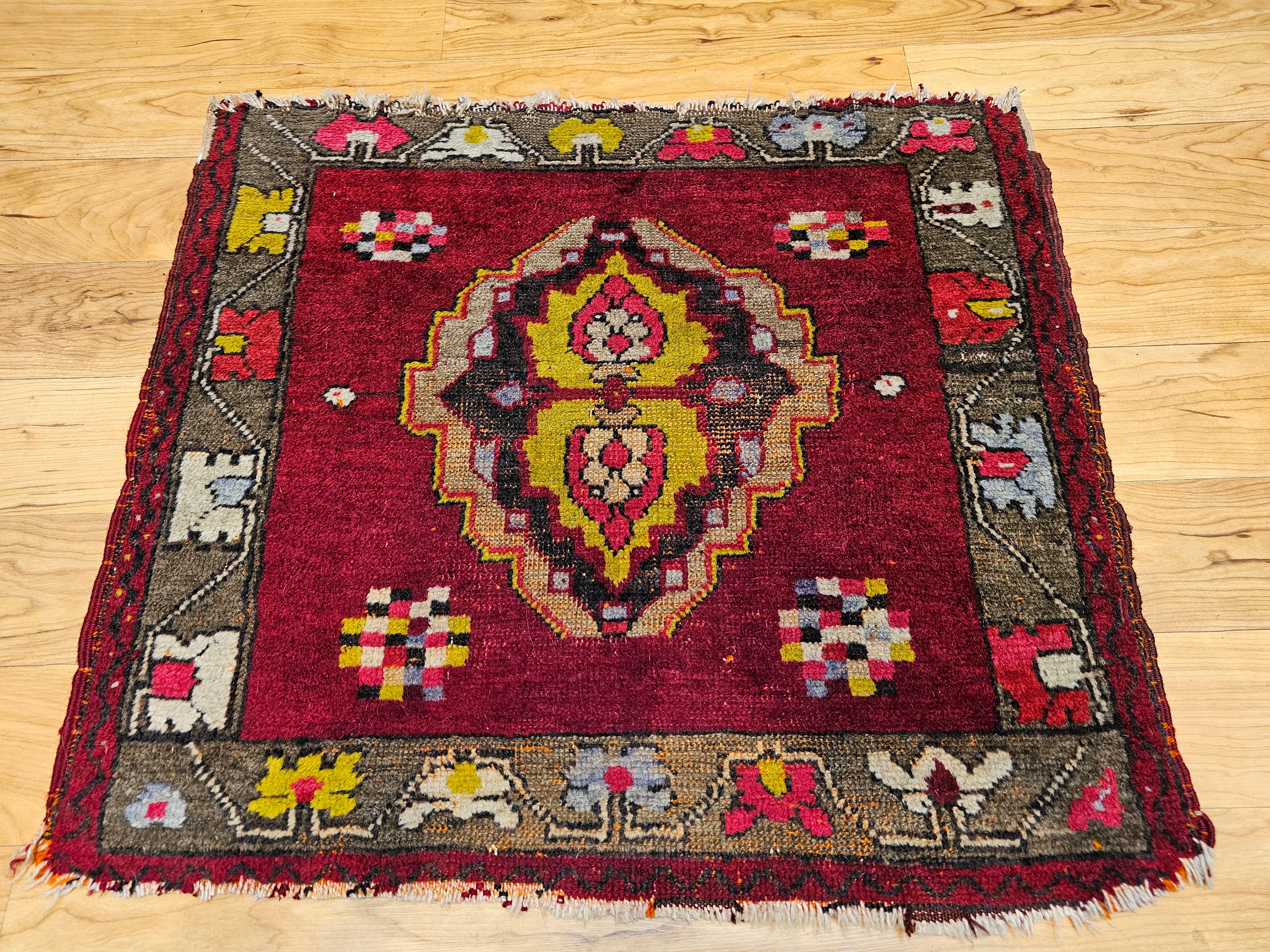 Early 20th Century Square Size Turkish Oushak in Red, Chartreuse, Pink, Brown For Sale 2