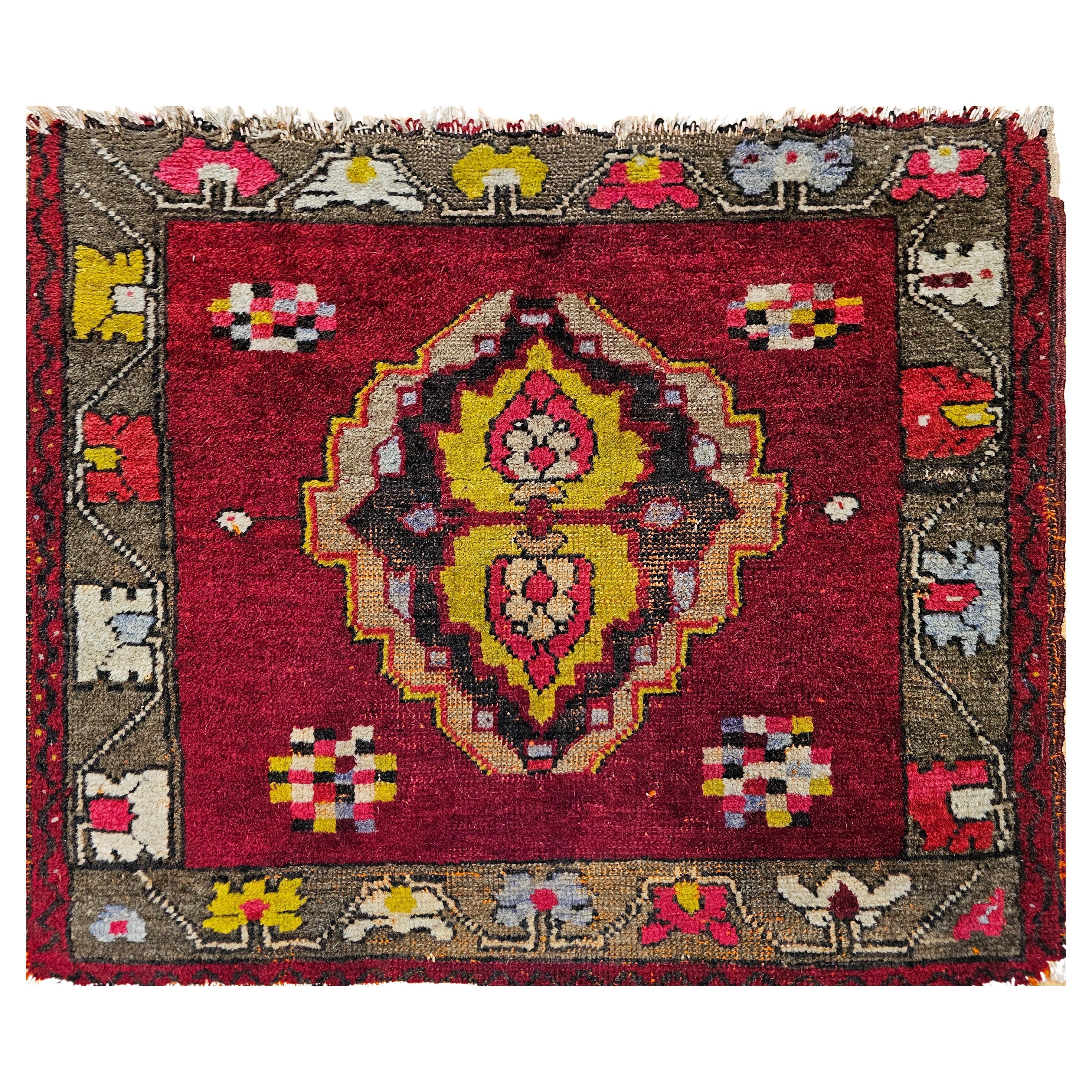 Early 20th Century Square Size Turkish Oushak in Red, Chartreuse, Pink, Brown For Sale