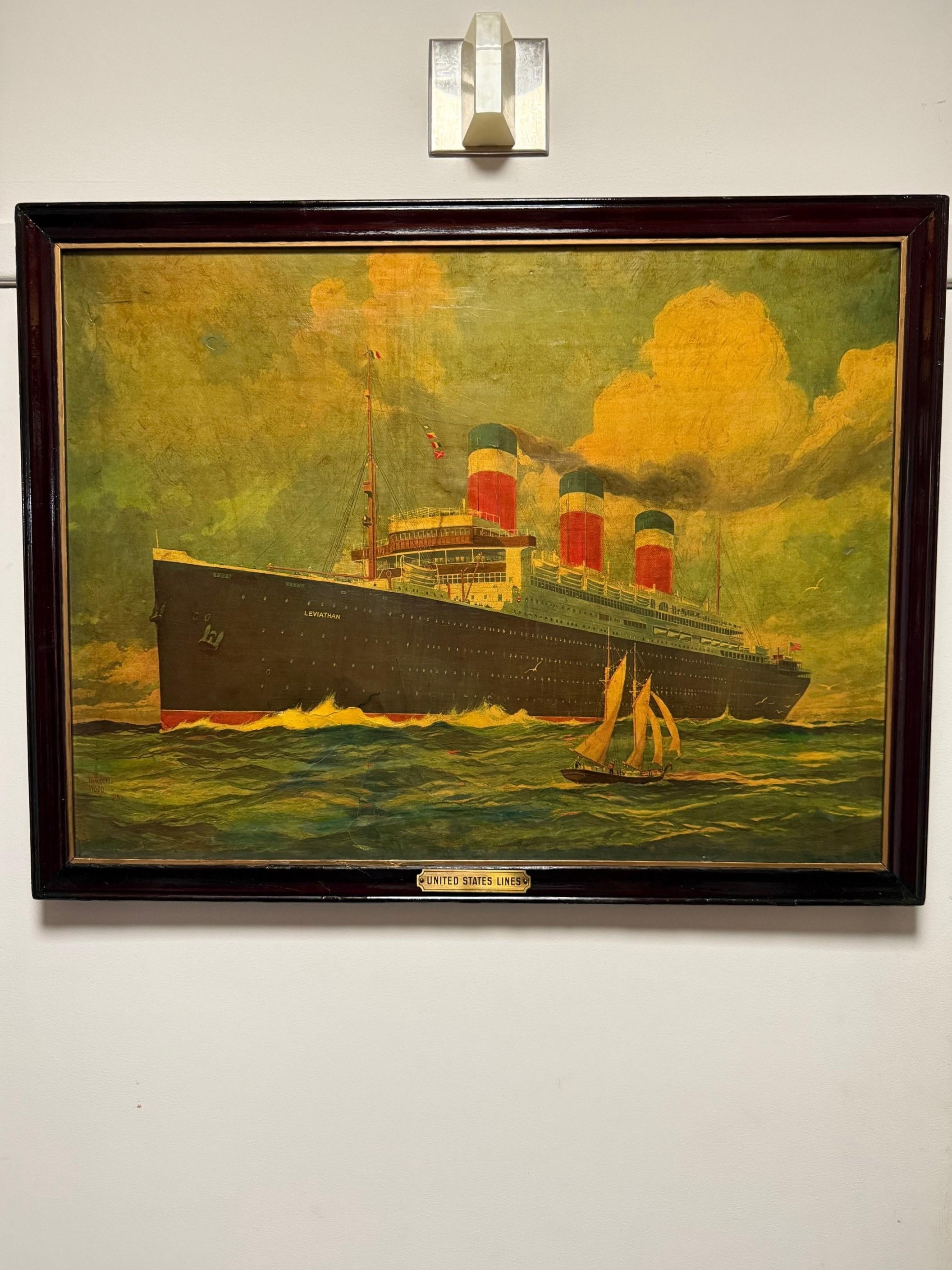 Early 20th Century SS Leviathan US Lines print on canvas. This is a print on canvas showing the SS Leviathan, a historic ocean liner. Originally launched as the Vaterland for the Hamburg-America Line, it was seized by the US during World War I and