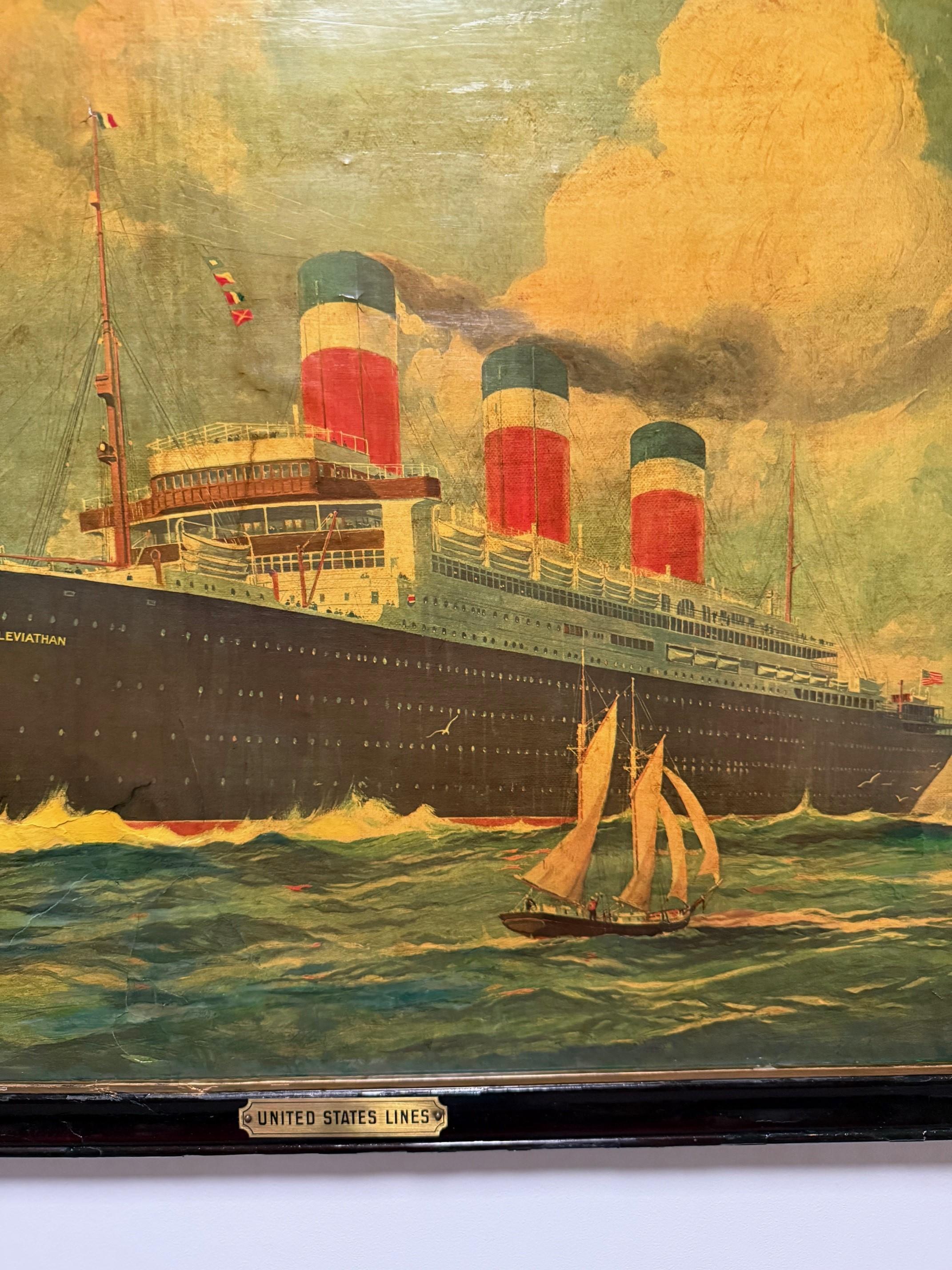 Early 20th Century SS Leviathan US Lines Print on Canvas Framed In Good Condition For Sale In Stamford, CT