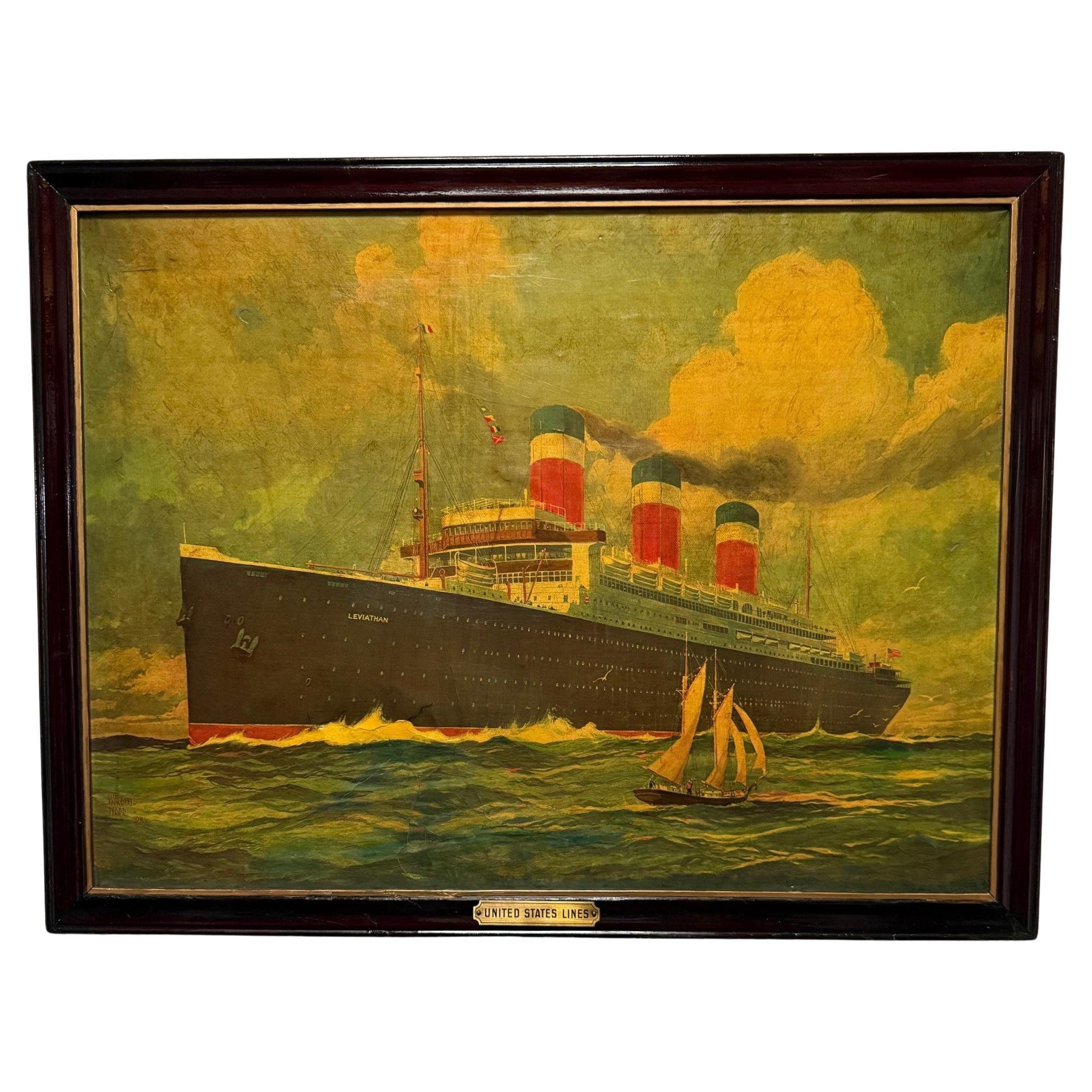 Early 20th Century SS Leviathan US Lines Print on Canvas Framed For Sale