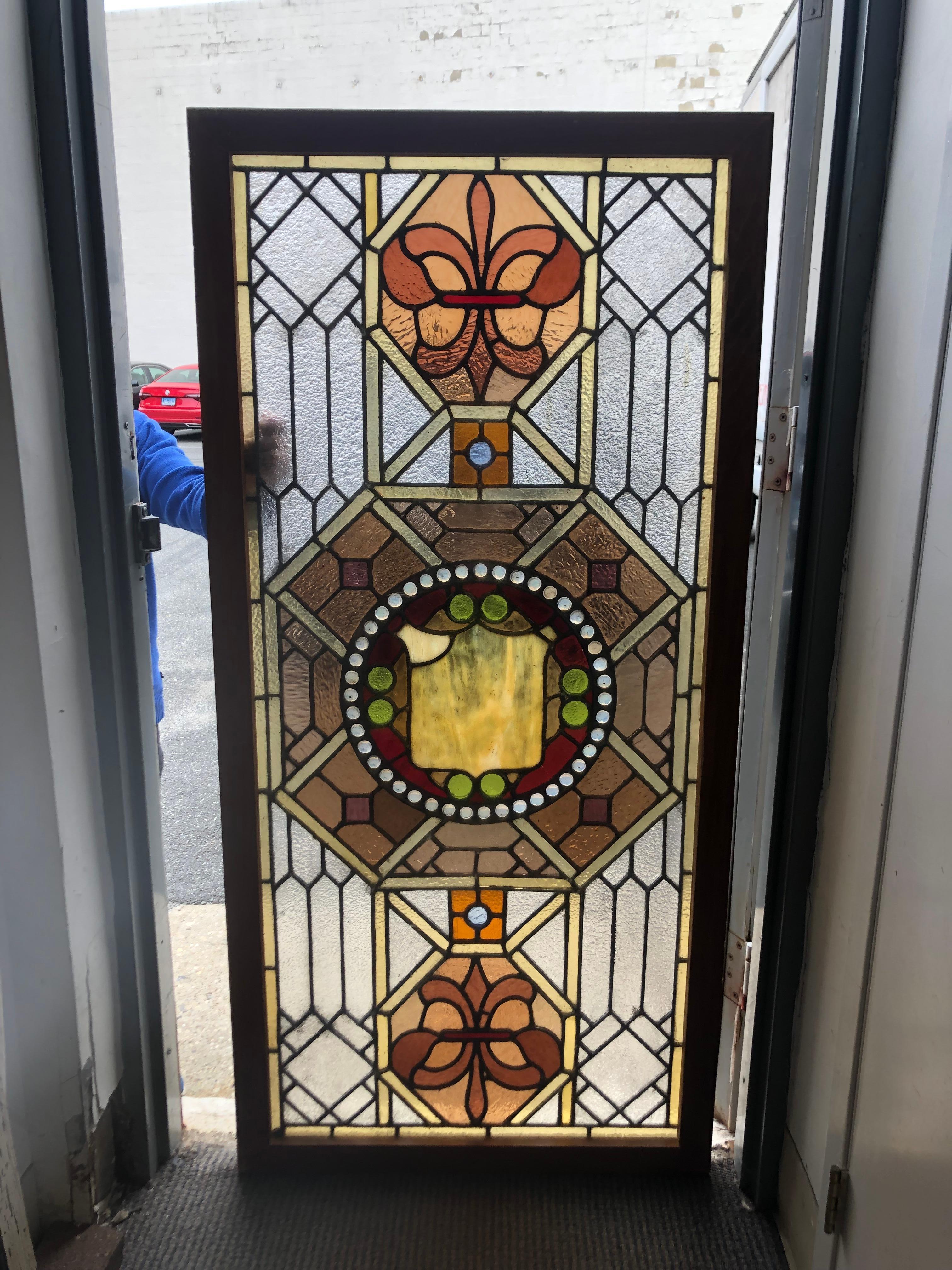 Early 20th Century Stained Glass Window in a Wood Frame For Sale 2