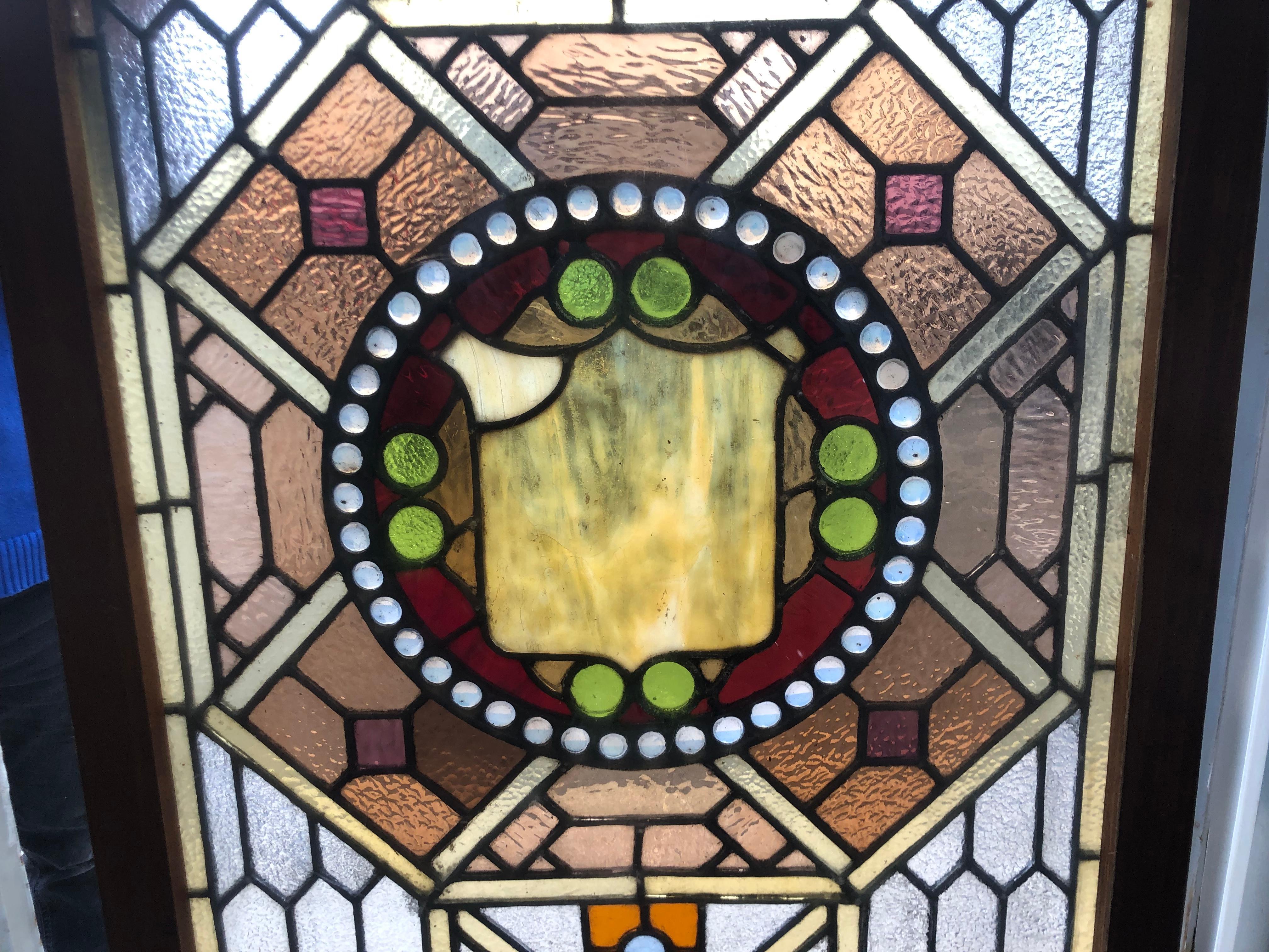 Early 20th Century Stained Glass Window in a Wood Frame For Sale 3