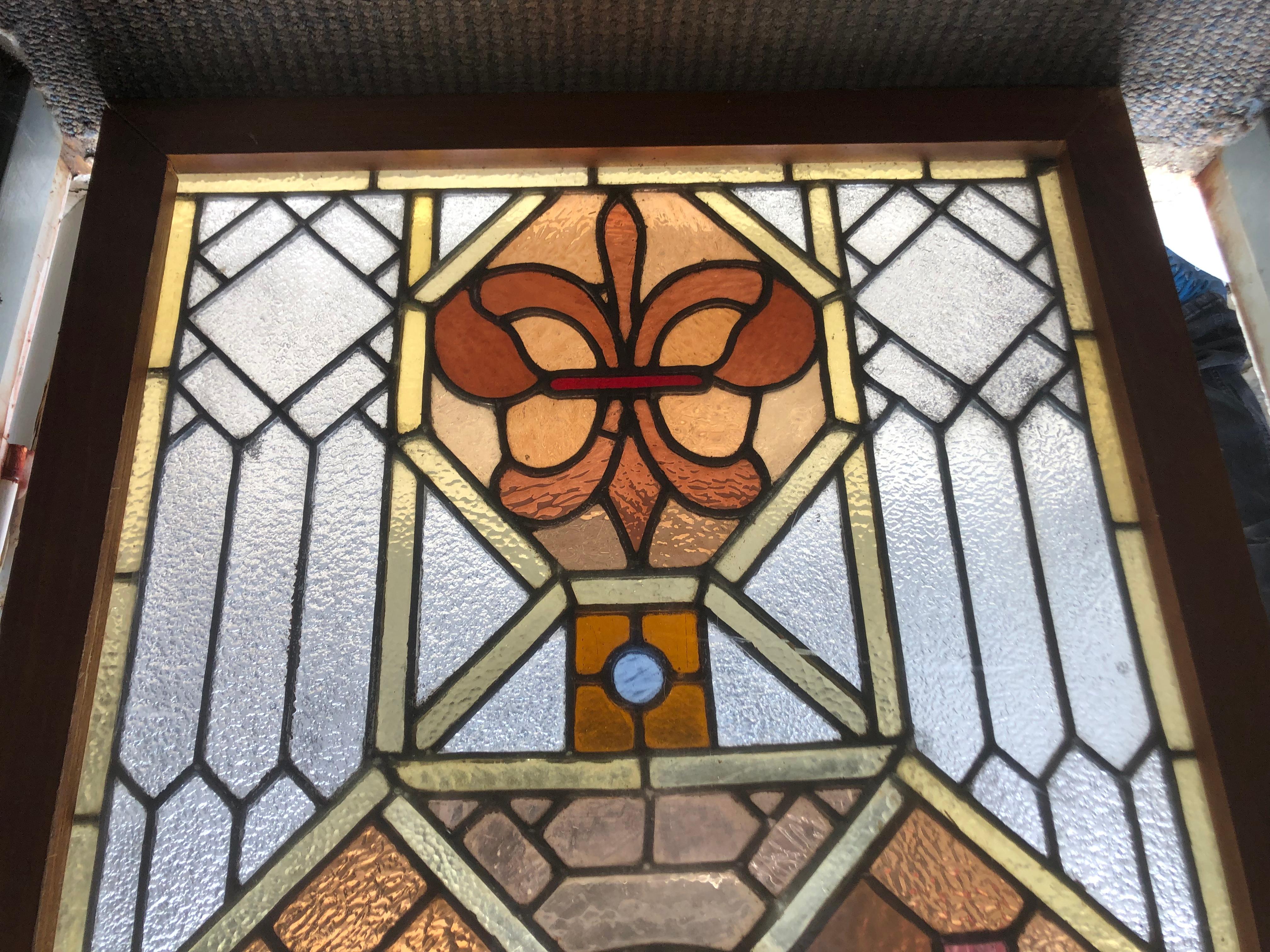 Early 20th Century Stained Glass Window in a Wood Frame For Sale 5