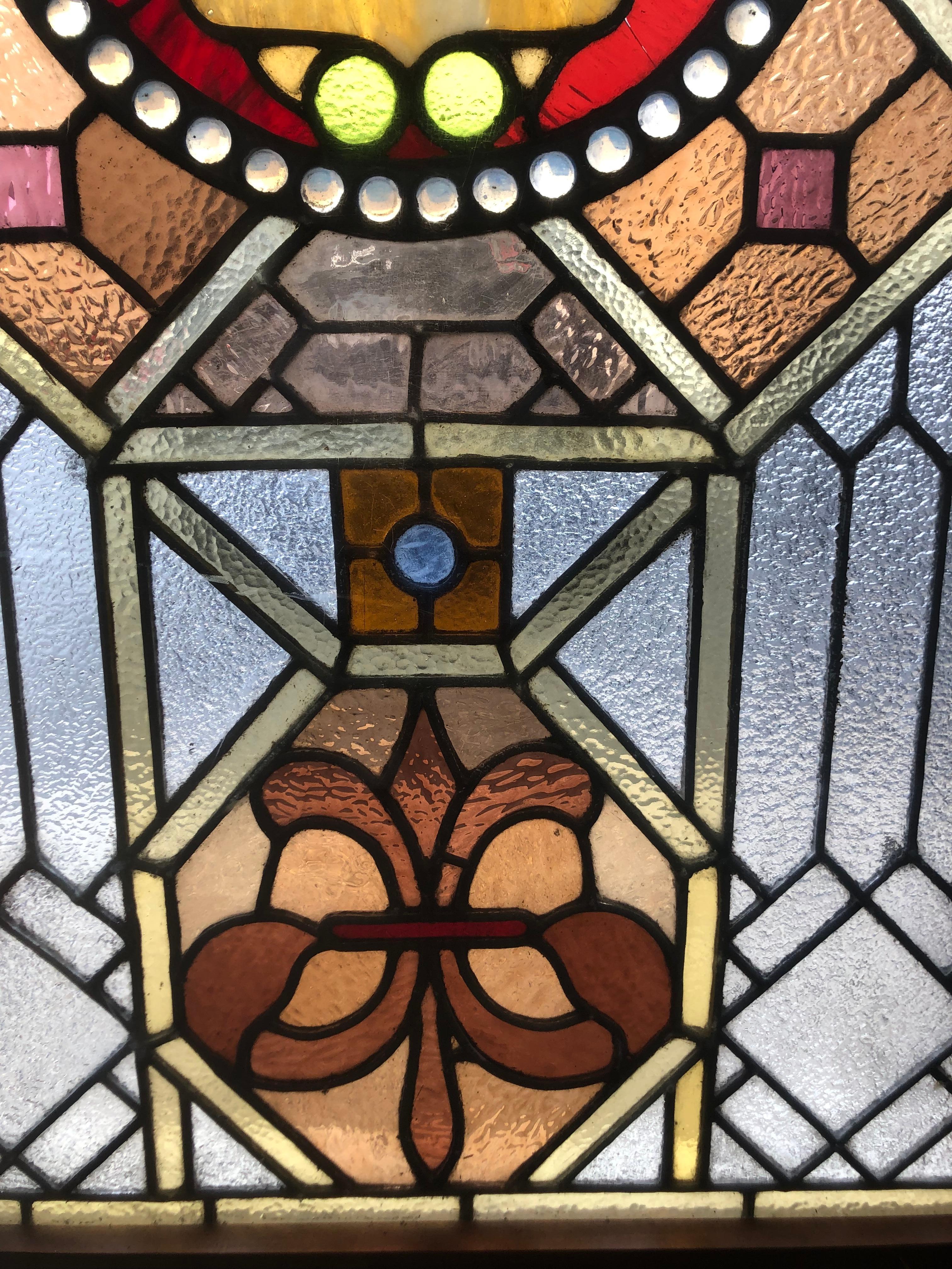 Early 20th Century Stained Glass Window in a Wood Frame For Sale 7