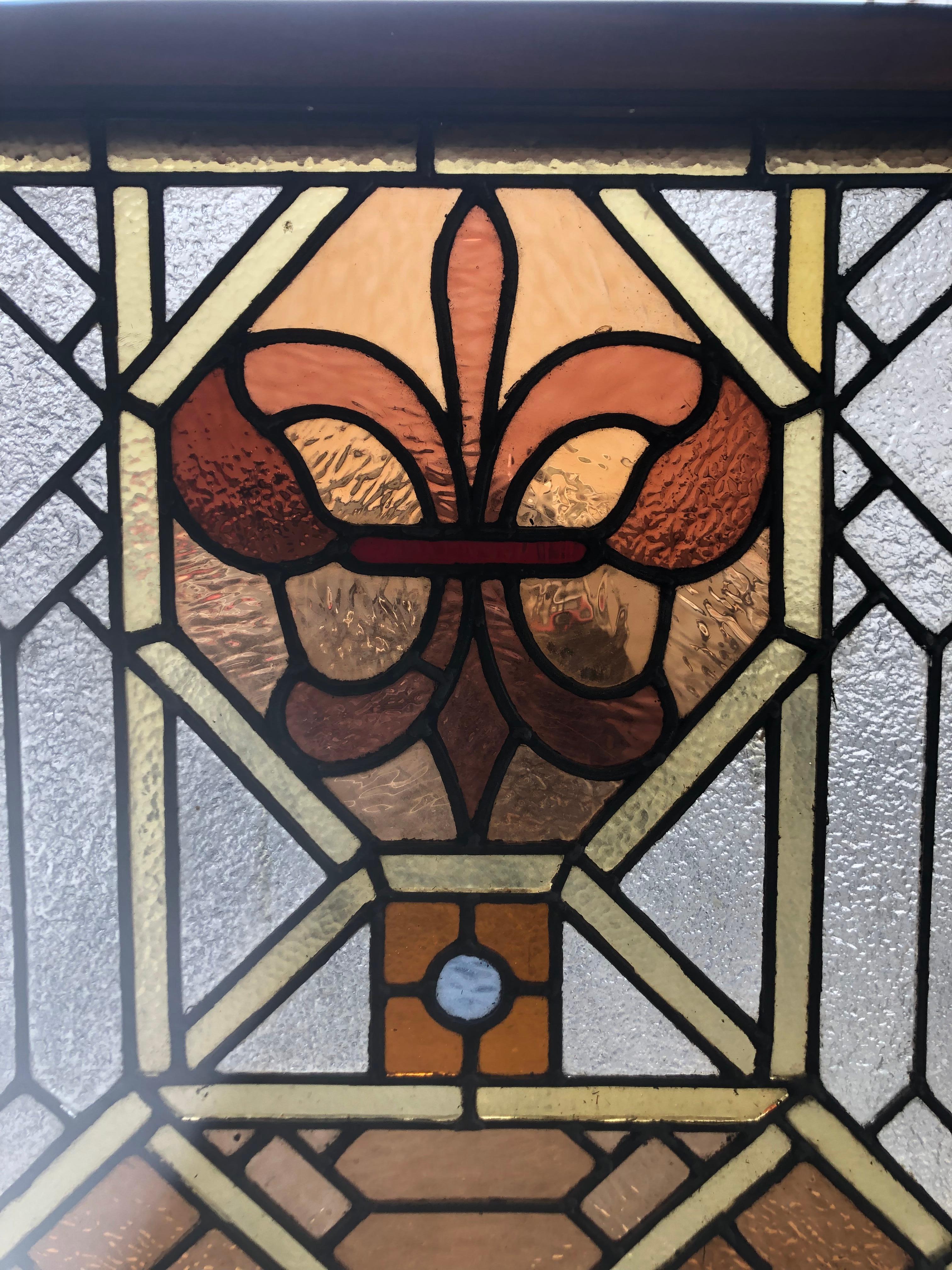 Early 20th Century Stained Glass Window in a Wood Frame In Good Condition For Sale In Stamford, CT