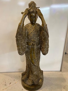 Early 20th Century Standing Bronze Japanese Geisha with Kimono & Obi