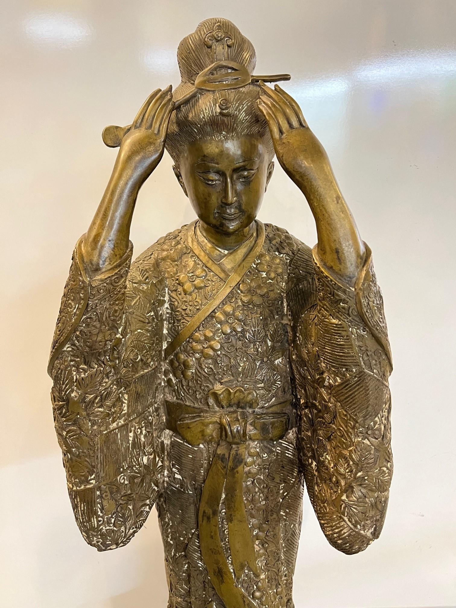 French Early 20th Century Standing Bronze Japanese Geisha with Kimono & Obi   For Sale