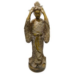 Antique Early 20th Century Standing Bronze Japanese Geisha with Kimono & Obi