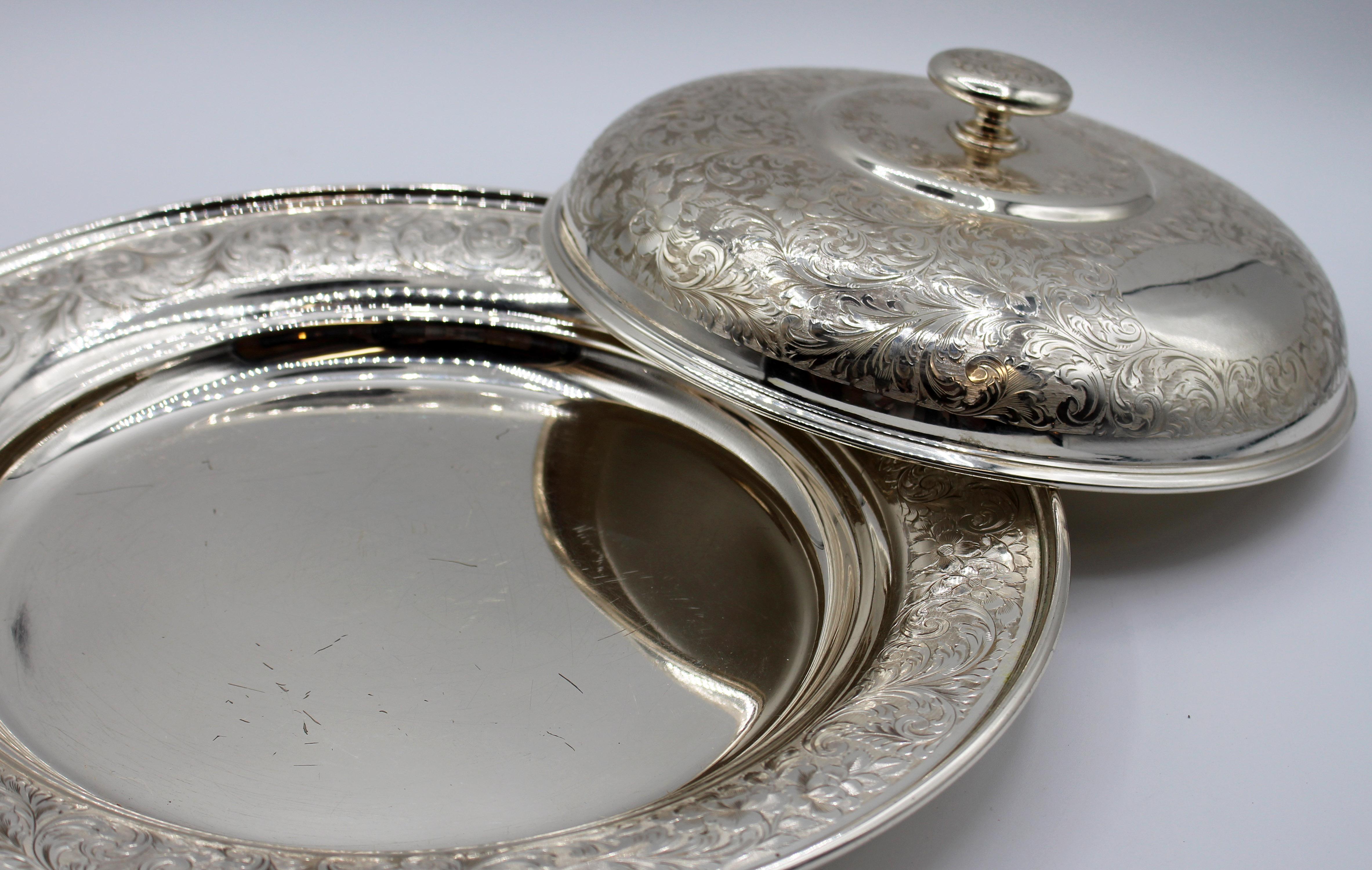 1903-1930 sterling silver covered serving tray, Birks, Canadian. A superb example. With the rare Birks mark of a beaver, a lion & a S for sterling. Marked 
