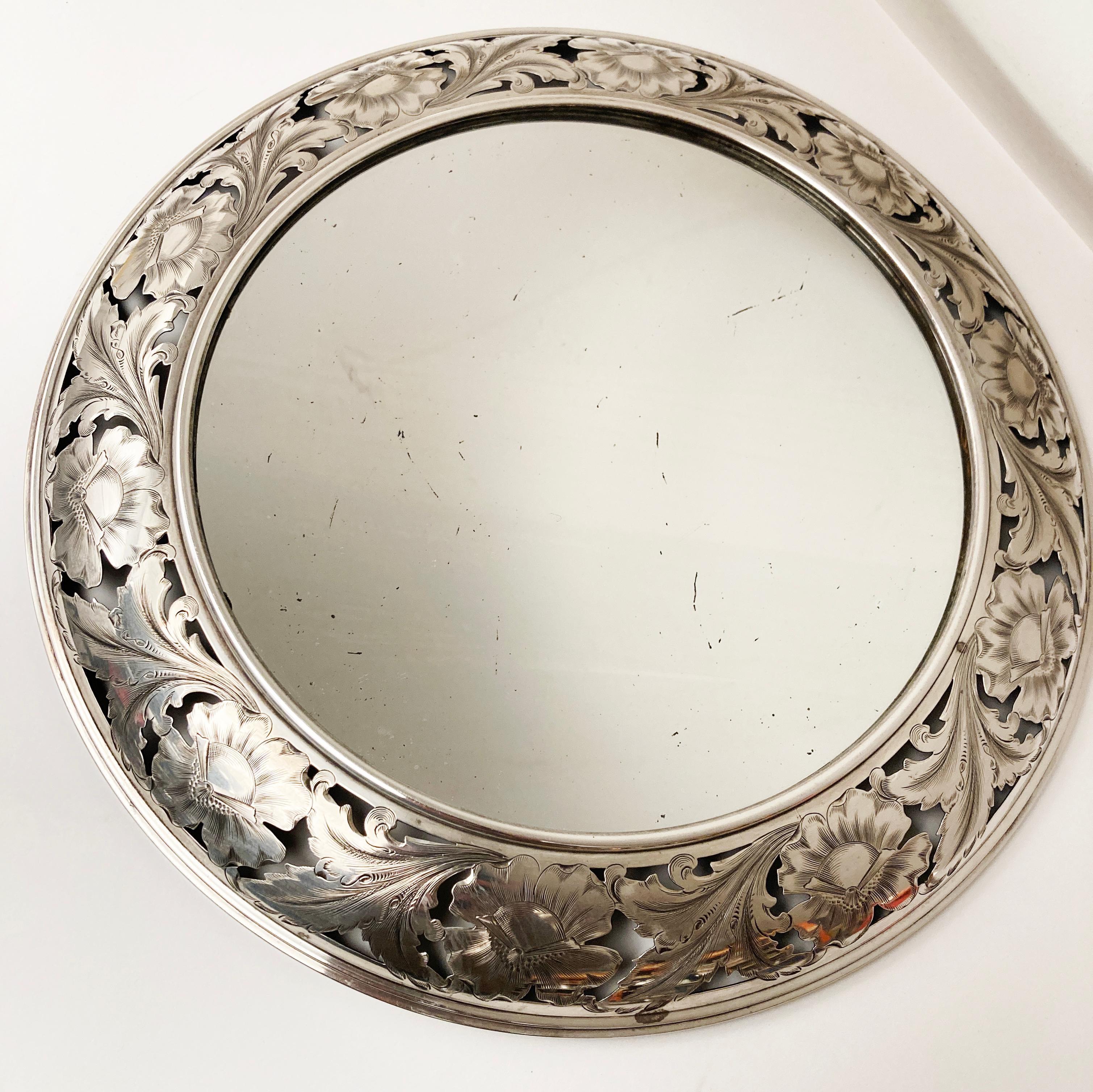 American Early 20th Century Sterling Silver Circular Reticulated Mirror with Etched Folia For Sale