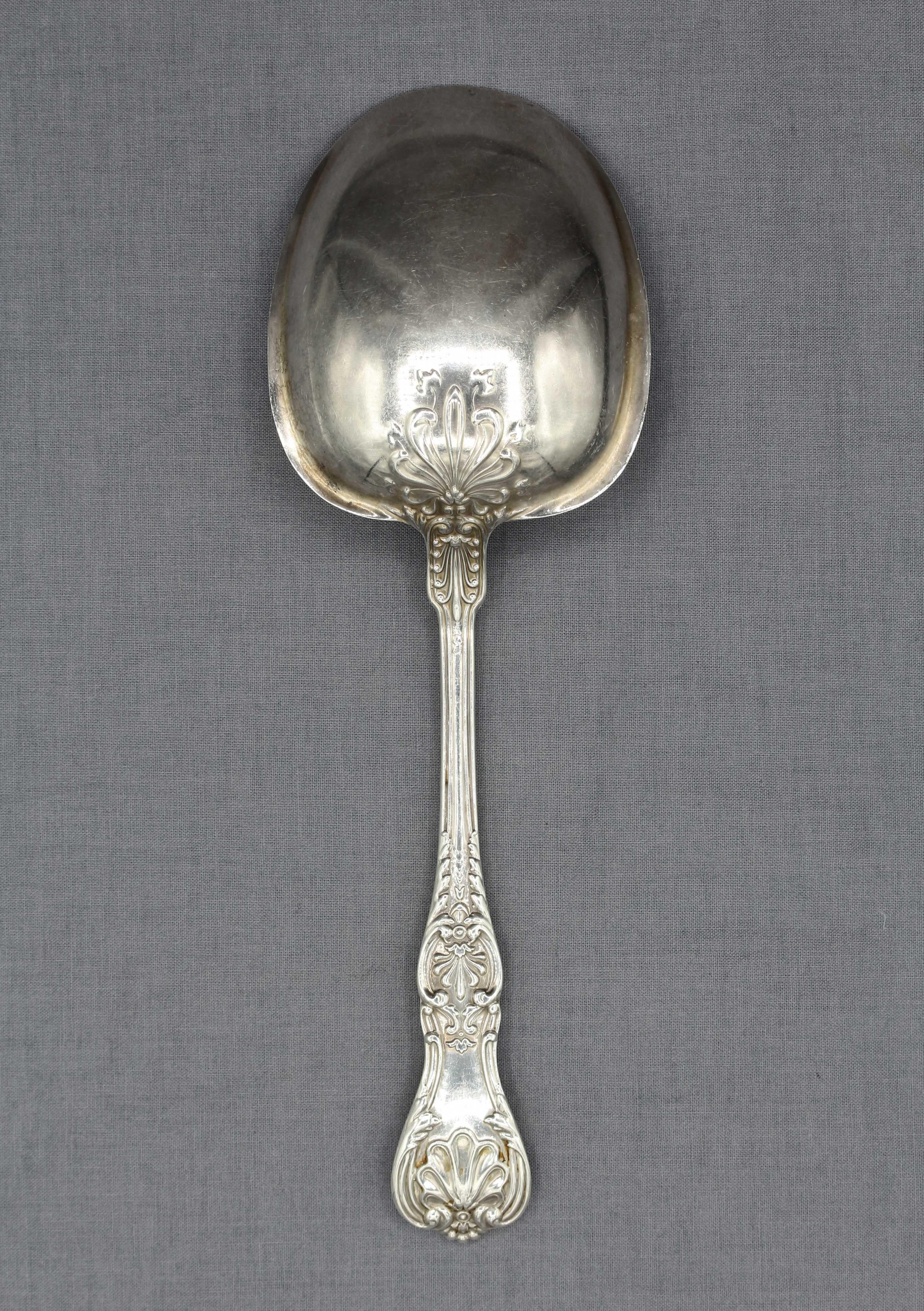 Sterling silver King George pattern berry spoon by Gorham, early 20th century. Monogram EC. 1894 pattern. 4.40 troy oz.
9 1/8