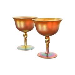 Early 20th Century Steuben Aurene Iridescent Art Glass Goblets - a Pair
