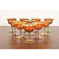 Early 20th Century Steuben Aurene Iridescent Art Glass Goblets - Set of Ten
