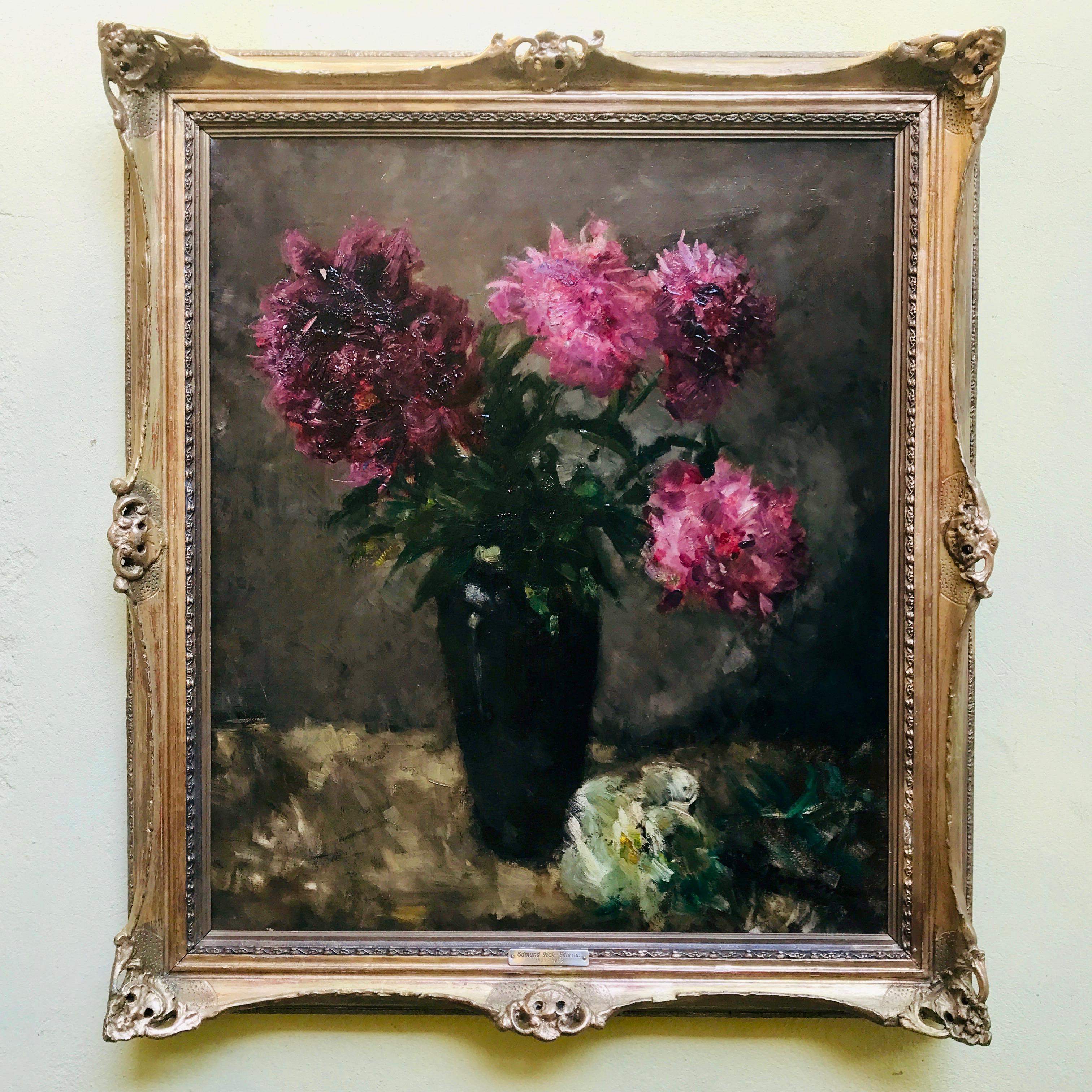 Edmund Pick-Morino still life of flowers, an oil on canvas painting signed lower right by the Austro Hungarian painter Edmund Pick-Morino (Vienna 1877-1958 Brussels).

A very decorative and bright flowers painting of polychrome peonies, rose and red