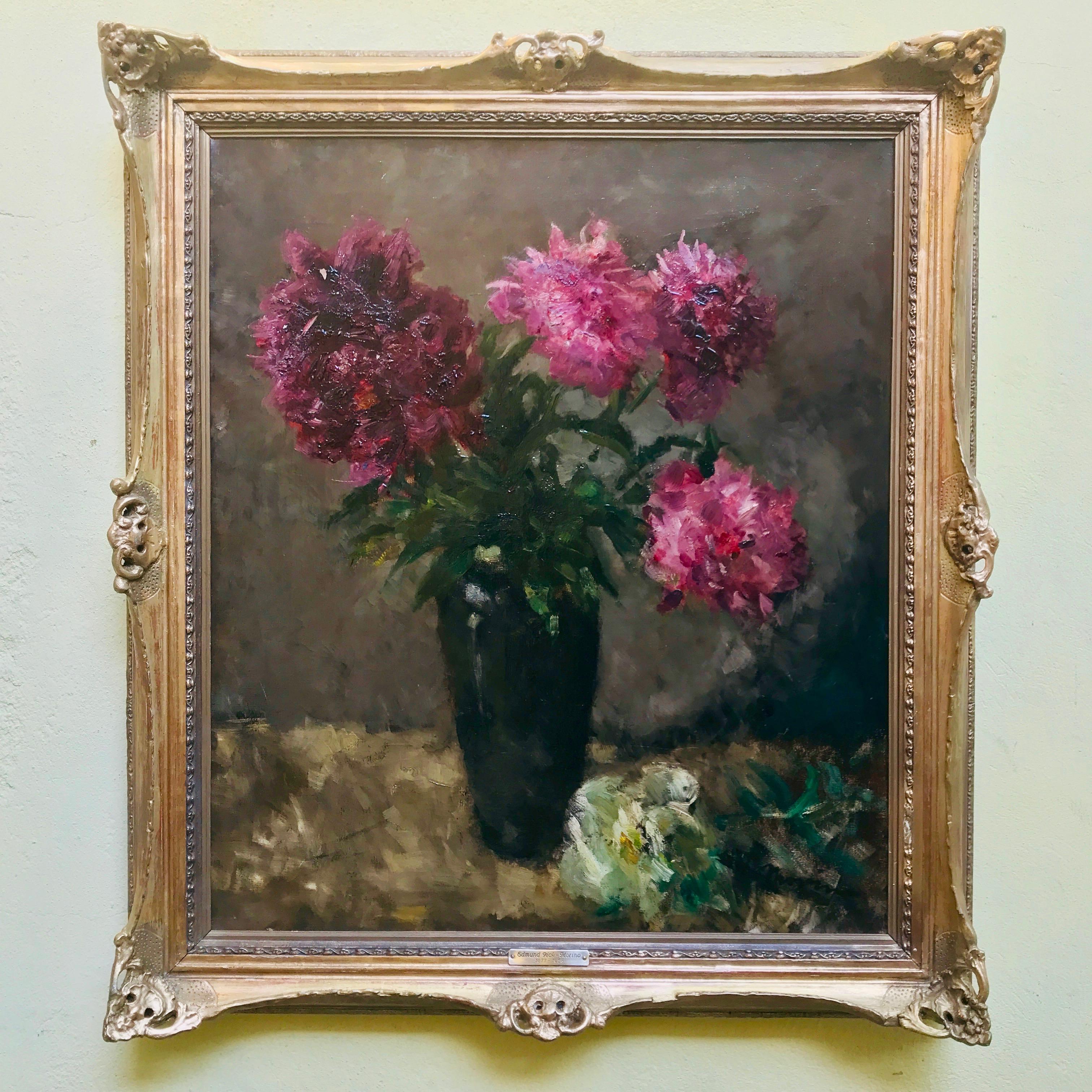 European 20th Century Flower Still Life Pink Peonies by Pick Morino Gilt Frame 10