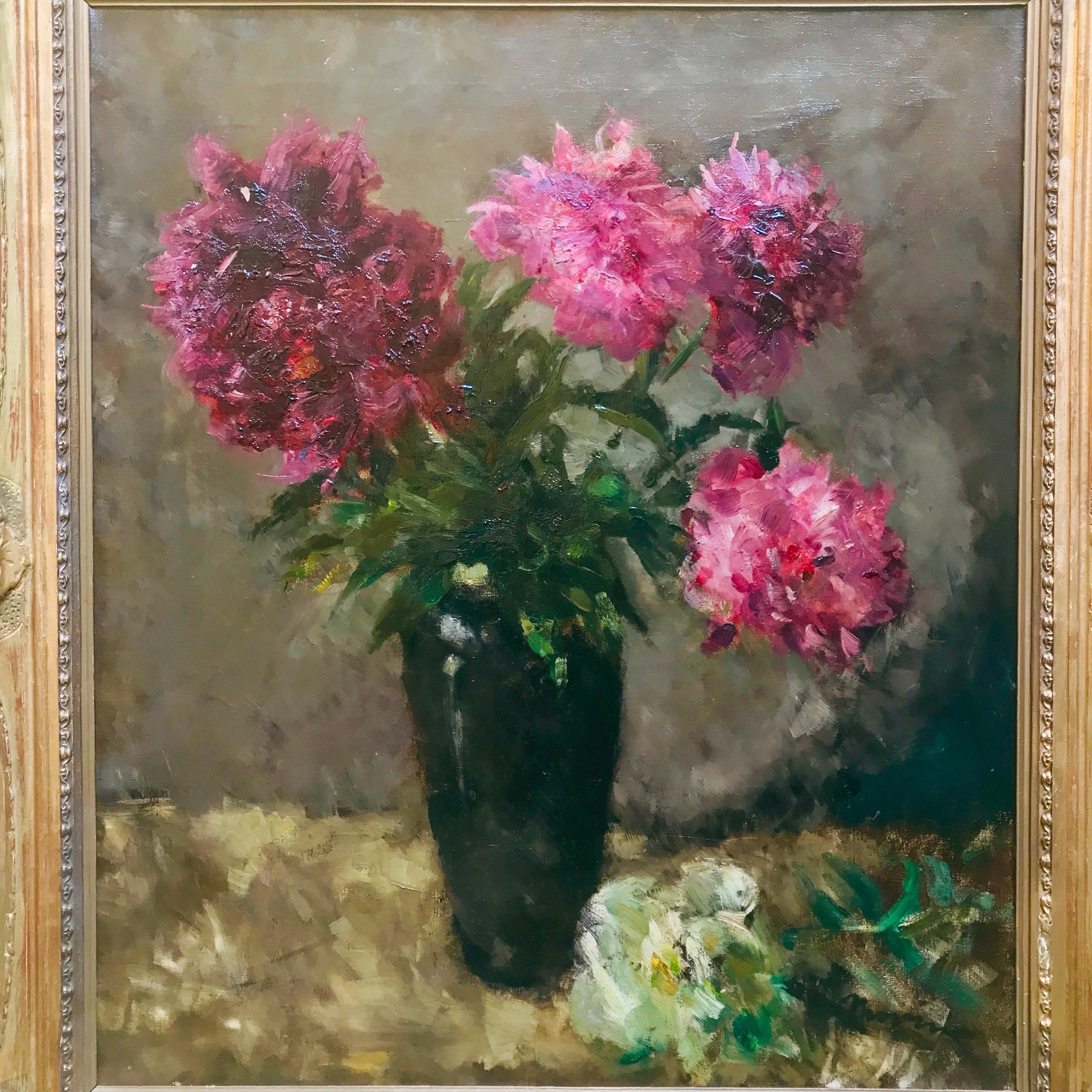 Canvas European 20th Century Flower Still Life Pink Peonies by Pick Morino Gilt Frame