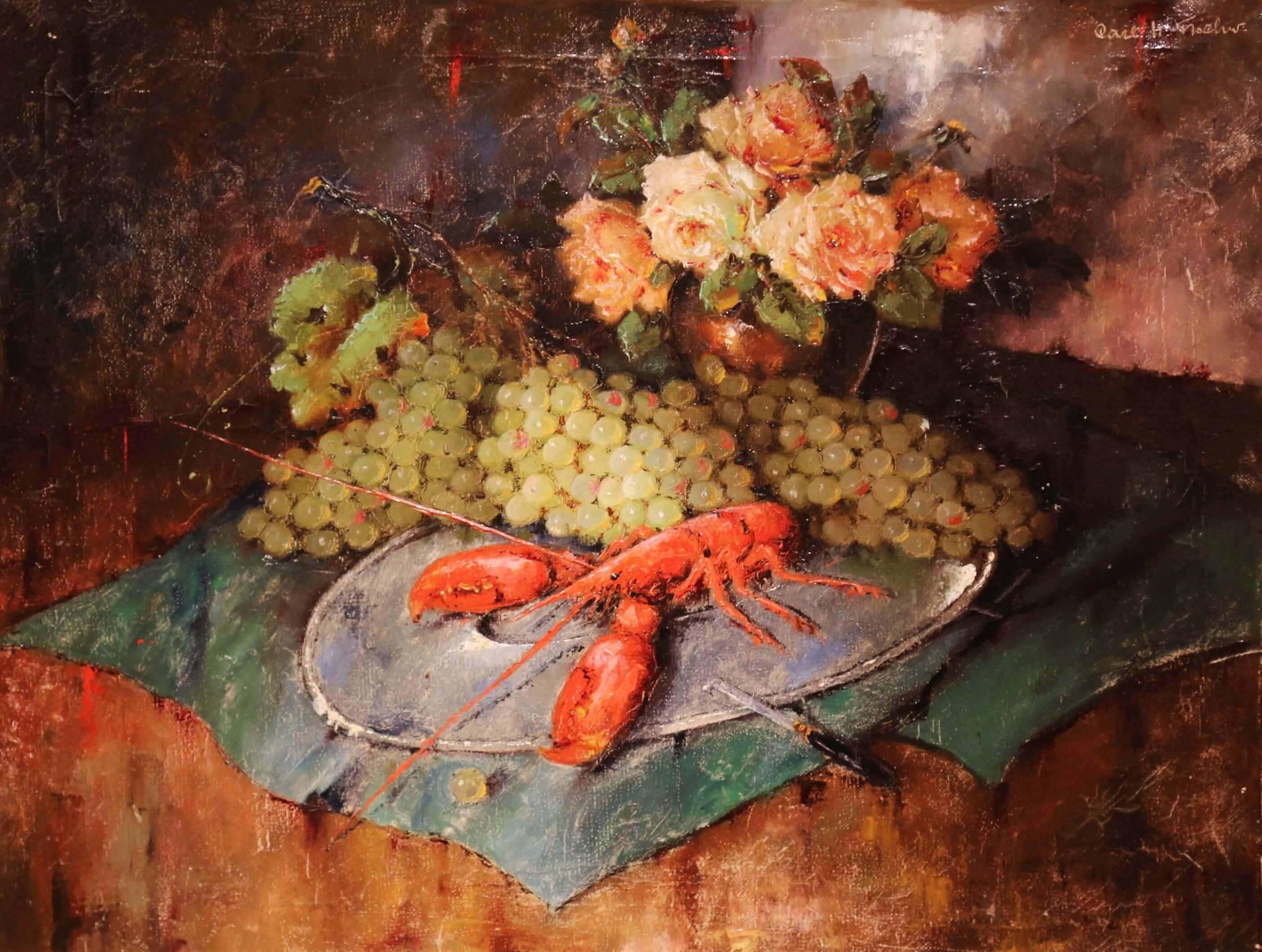 Add rich, vibrant colors to your home with this large, domestic antique painting. This oil on canvas painting was created in Denmark, circa 1920. The hand painted canvas features a table with a large red lobster surrounded by grapes and a bouquet of