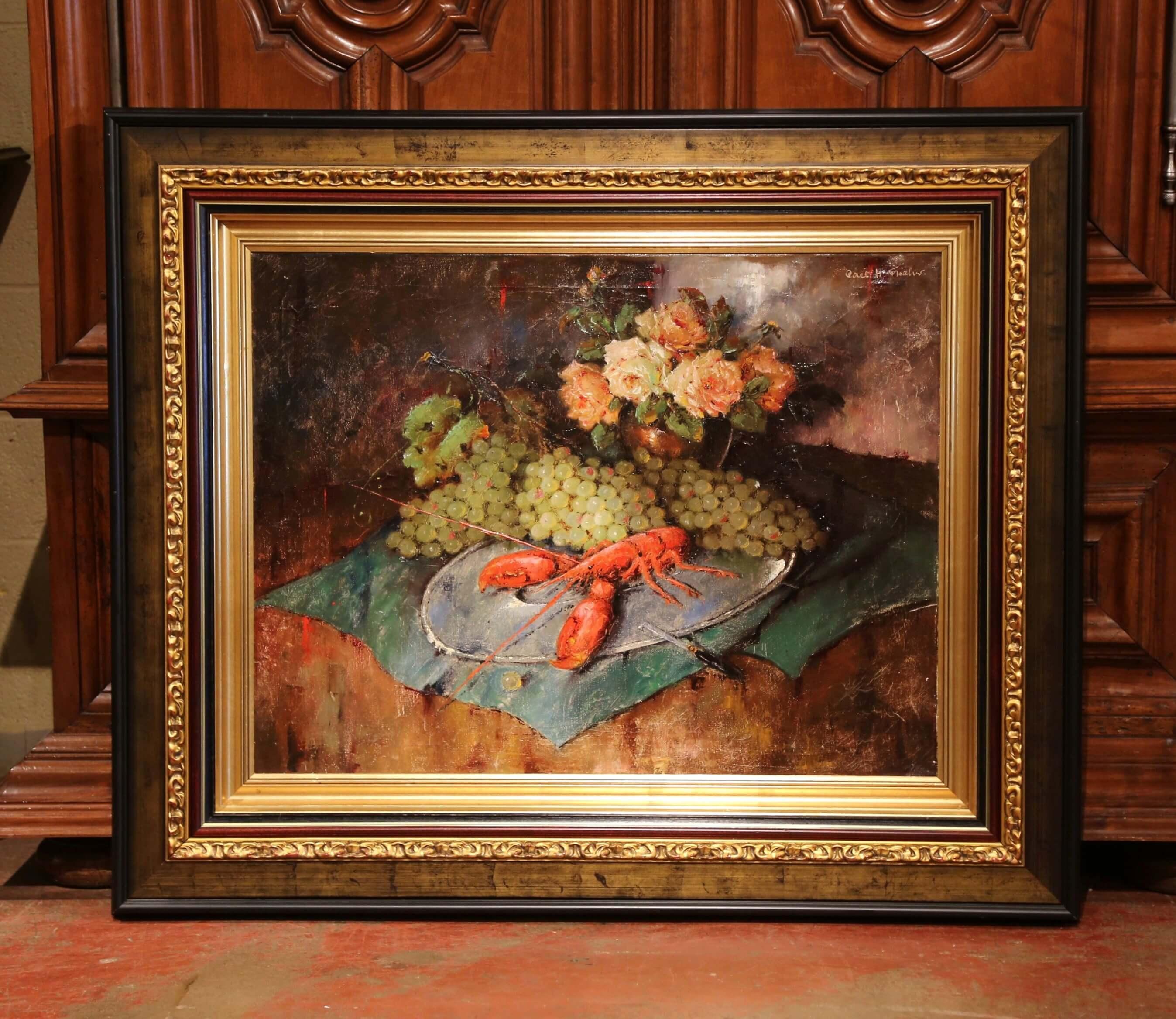 Carved Early 20th Century Still Life Oil Painting in Gilt Frame Signed C. Fischer