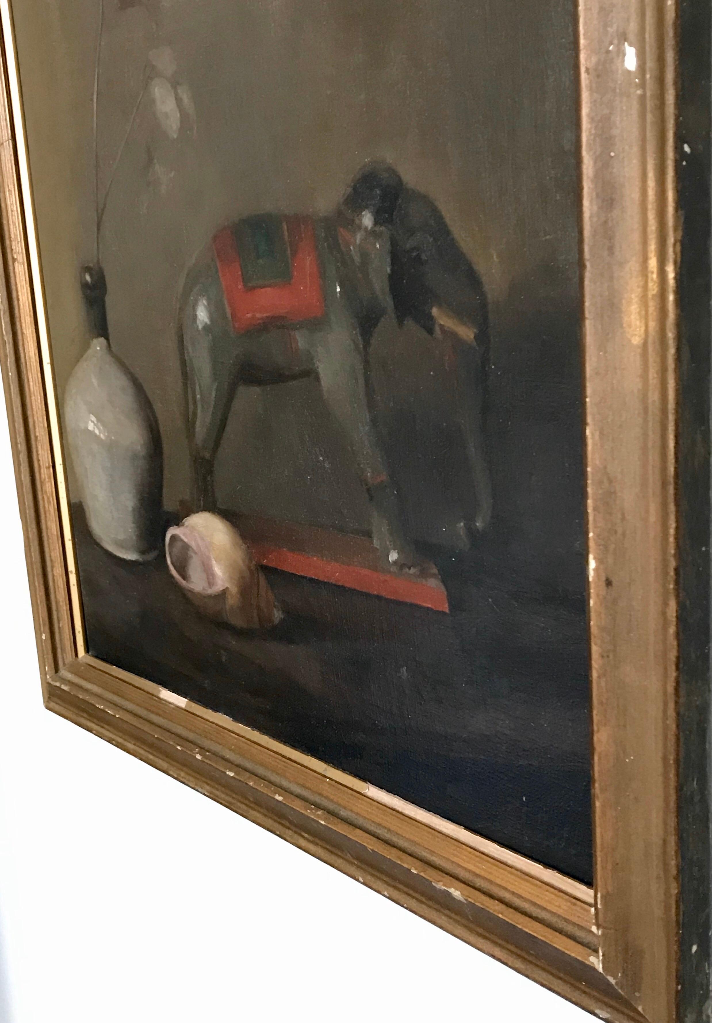 American Classical Early 20th Century Still Life Oil Painting of Toy Elephant by FC Bond, 1927