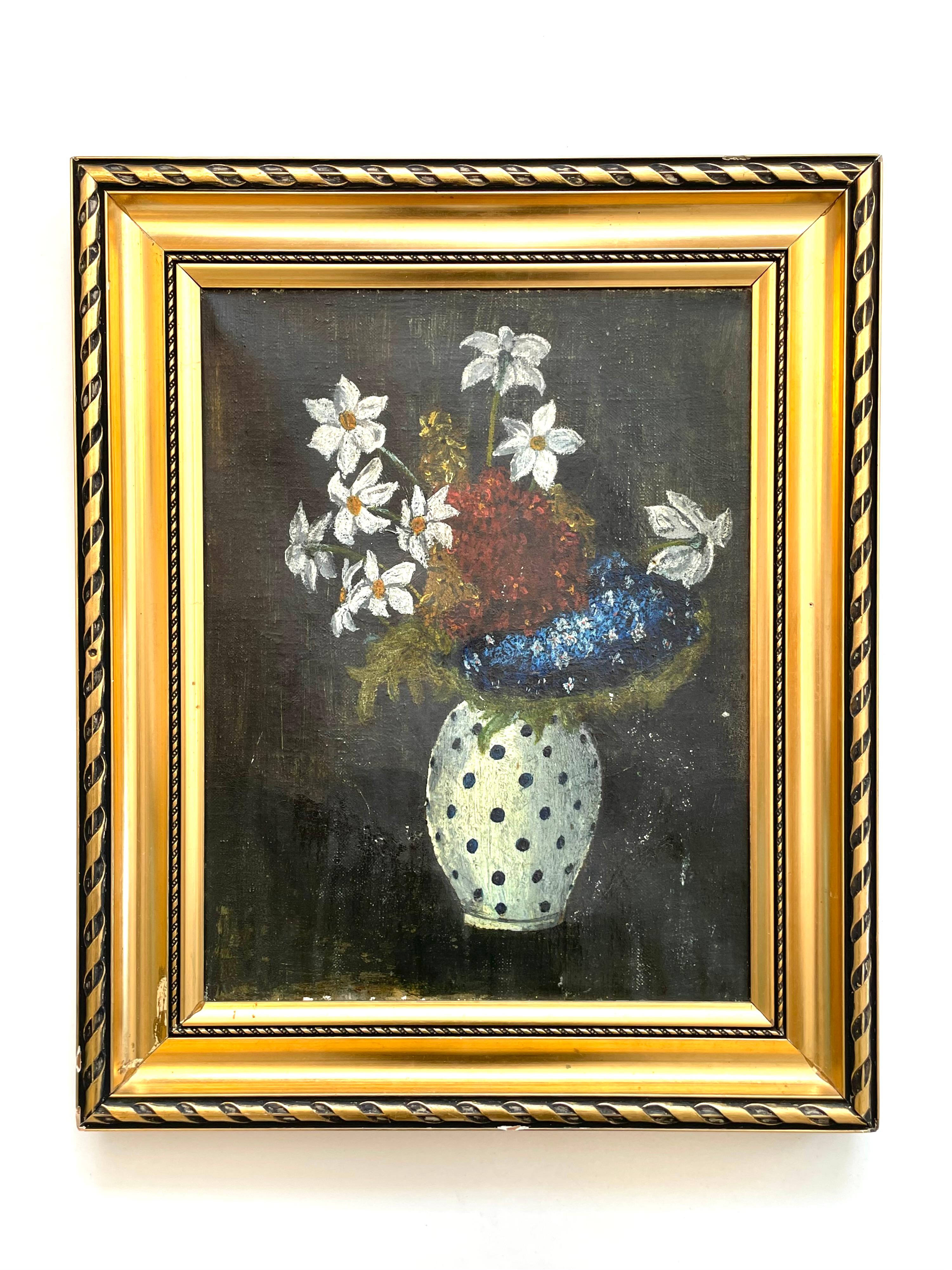Dies ist ein Original antike Öl auf Leinwand Stillleben Blume Malerei geschätzt, dass aus den 1920er Jahren Dänemark

Es ist unsigniert und in einem schönen goldfarbenen Holzrahmen gerahmt.

Das Gemälde ist in gutem Vintage-Zustand mit