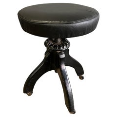 Early 20th Century Stool Black Leather Cast Iron