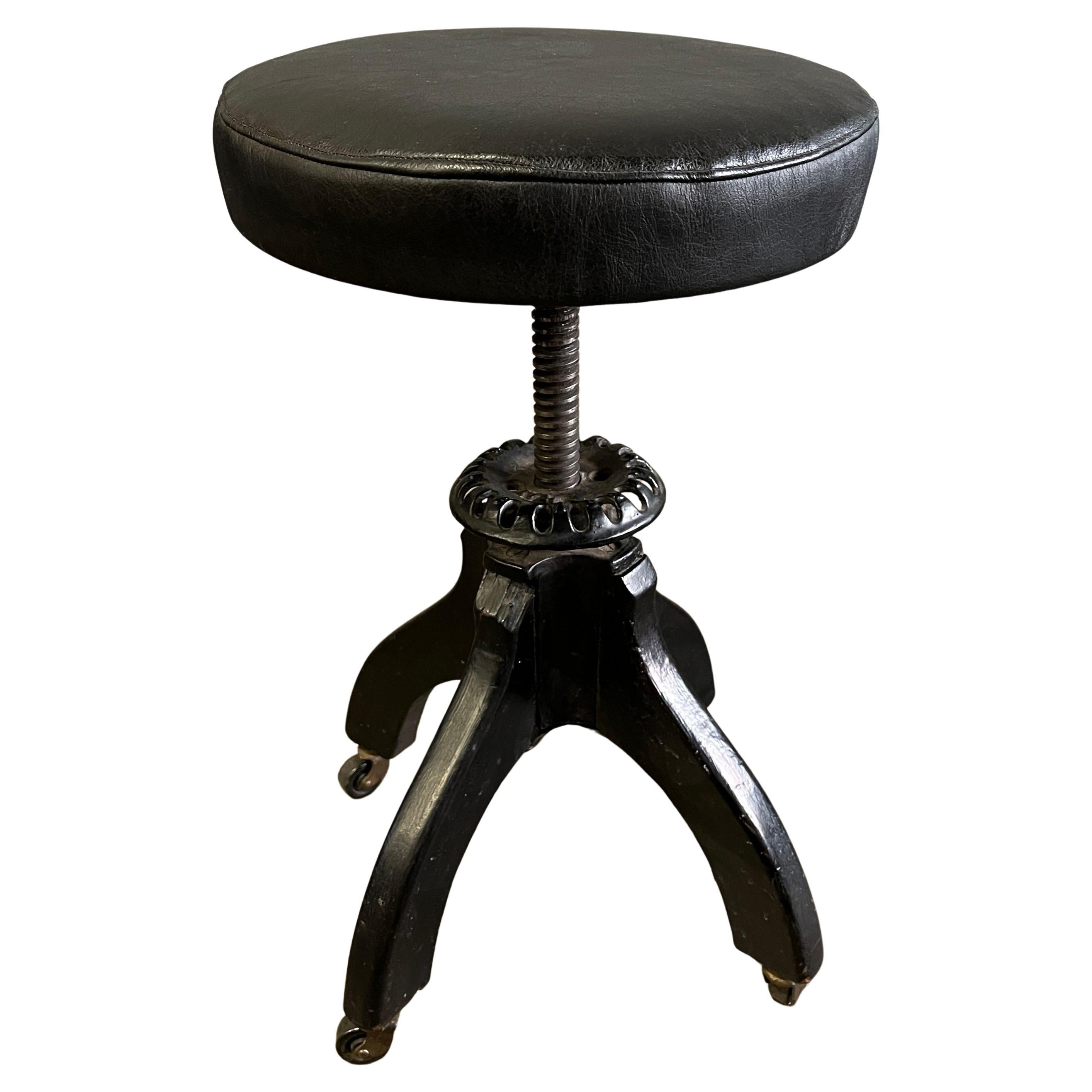 Industrial Early 20th Century Stool Black Leather Cast Iron For Sale