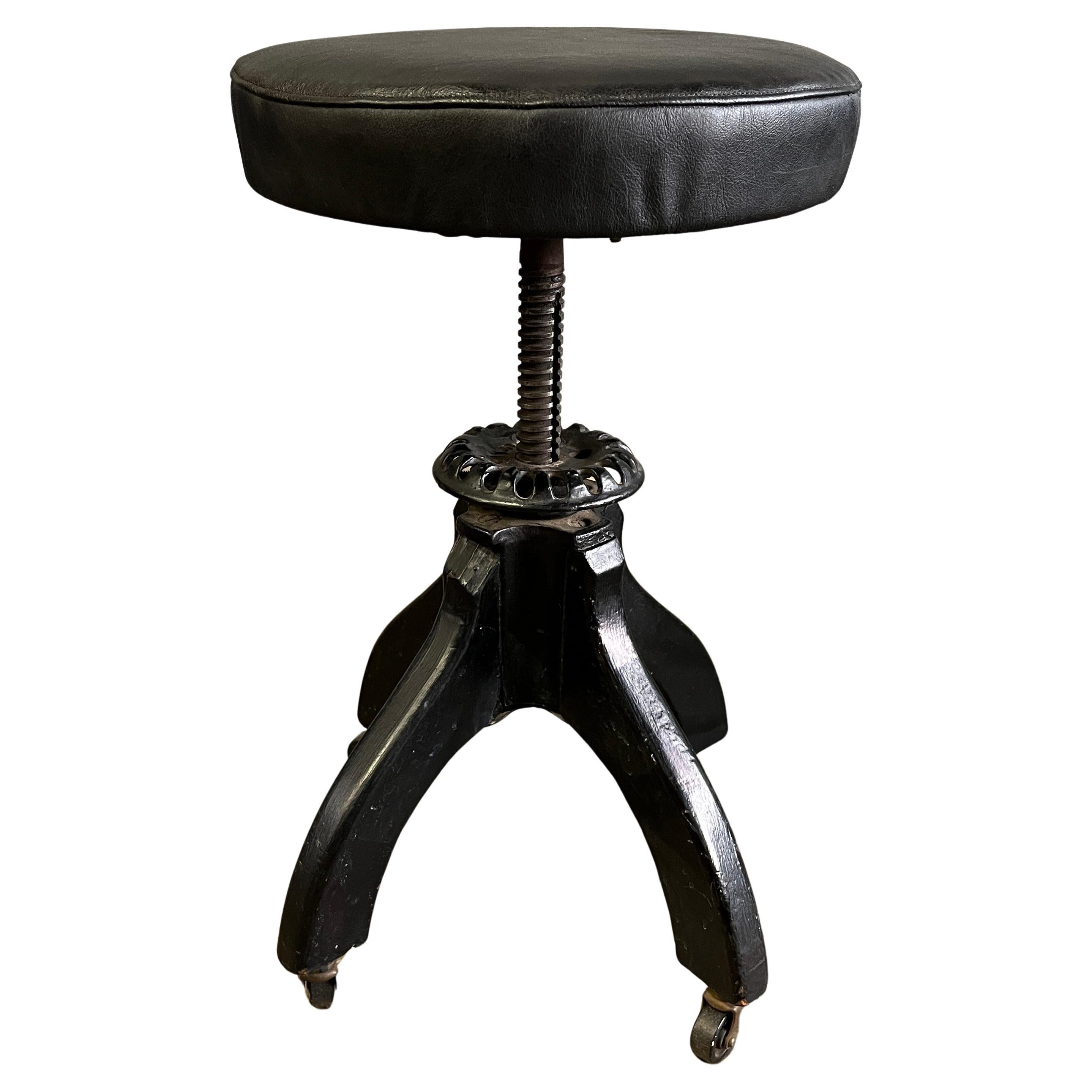 Early 20th Century Stool Black Leather Cast Iron In Good Condition For Sale In BROOKLYN, NY