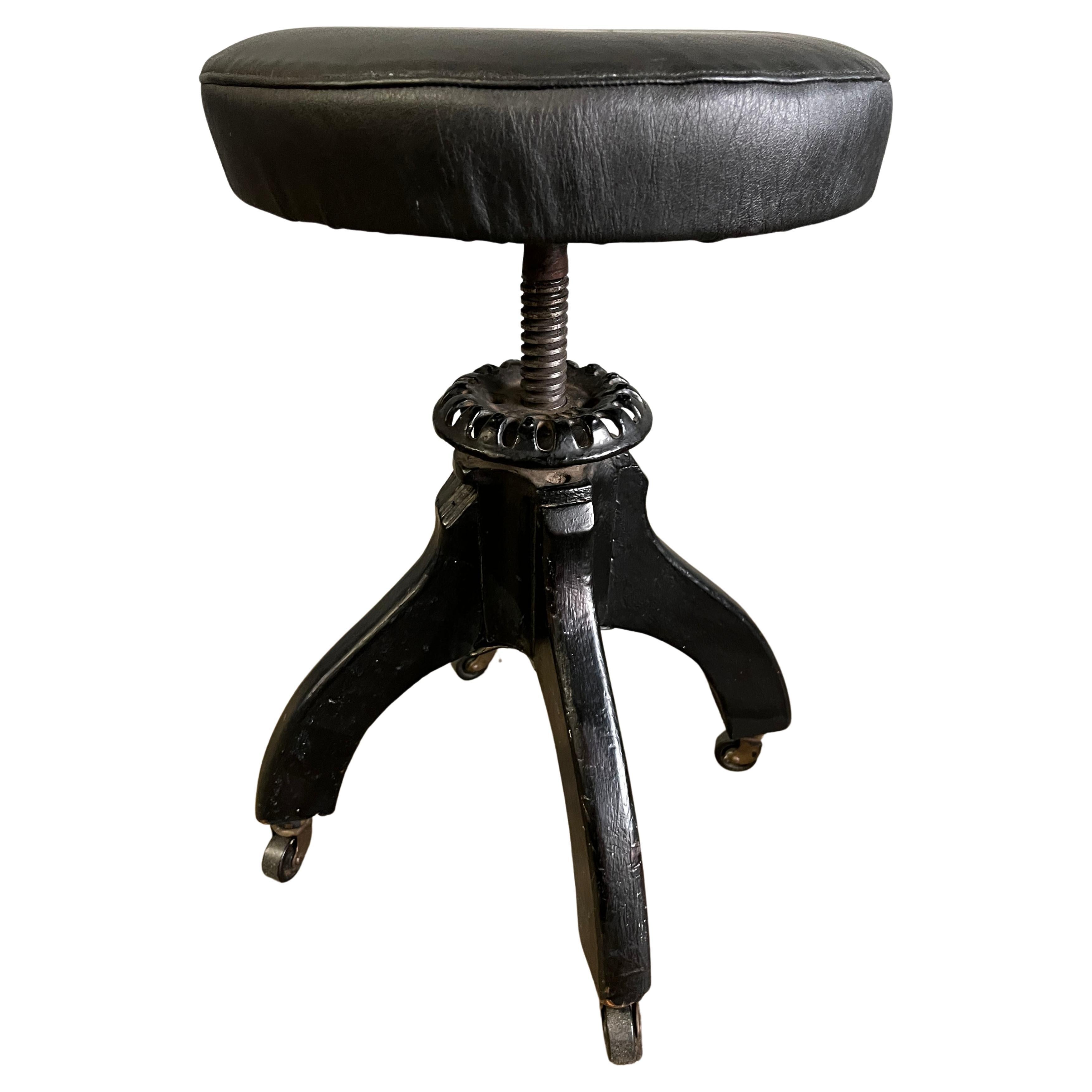 Early 20th Century Stool Black Leather Cast Iron For Sale 1