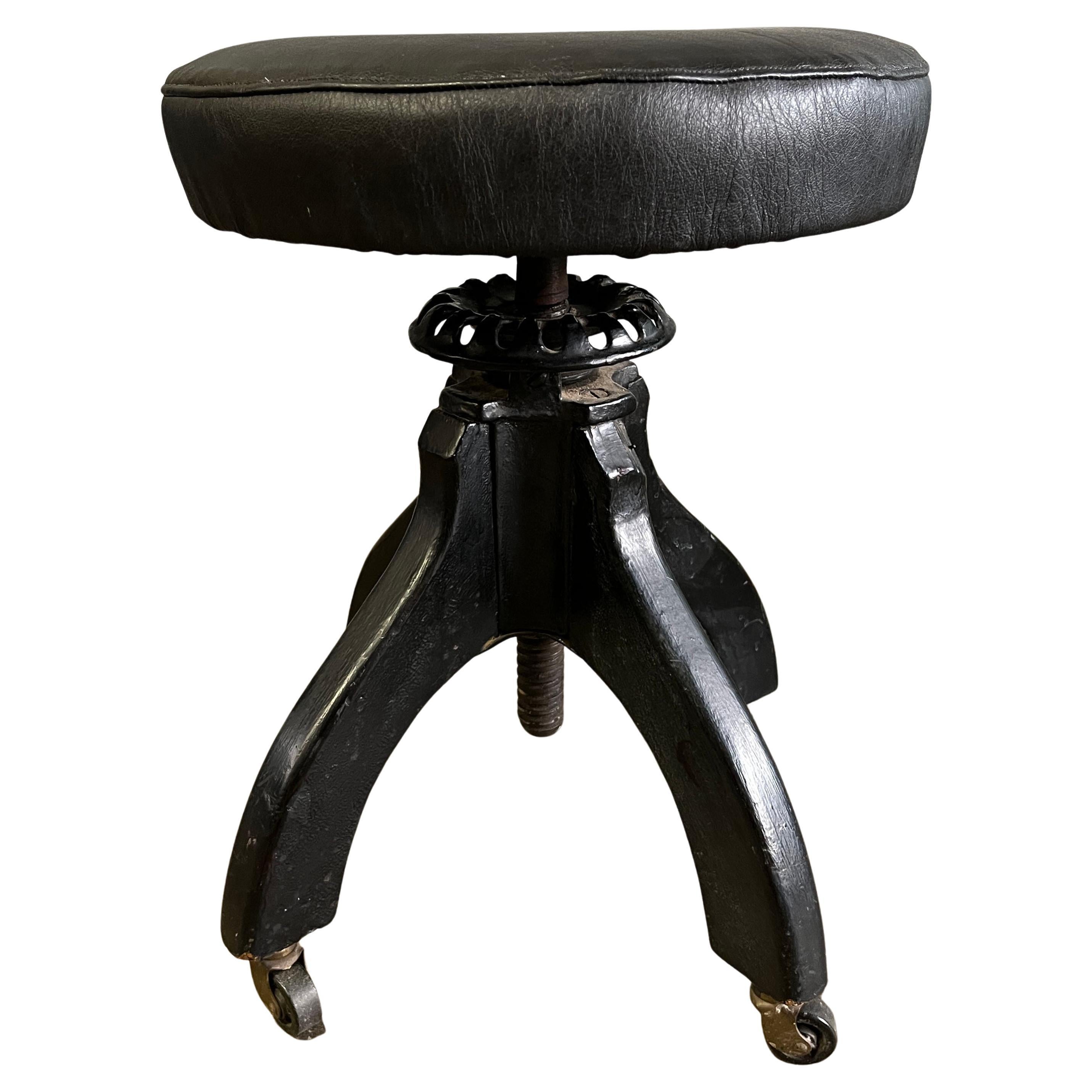 Early 20th Century Stool Black Leather Cast Iron For Sale
