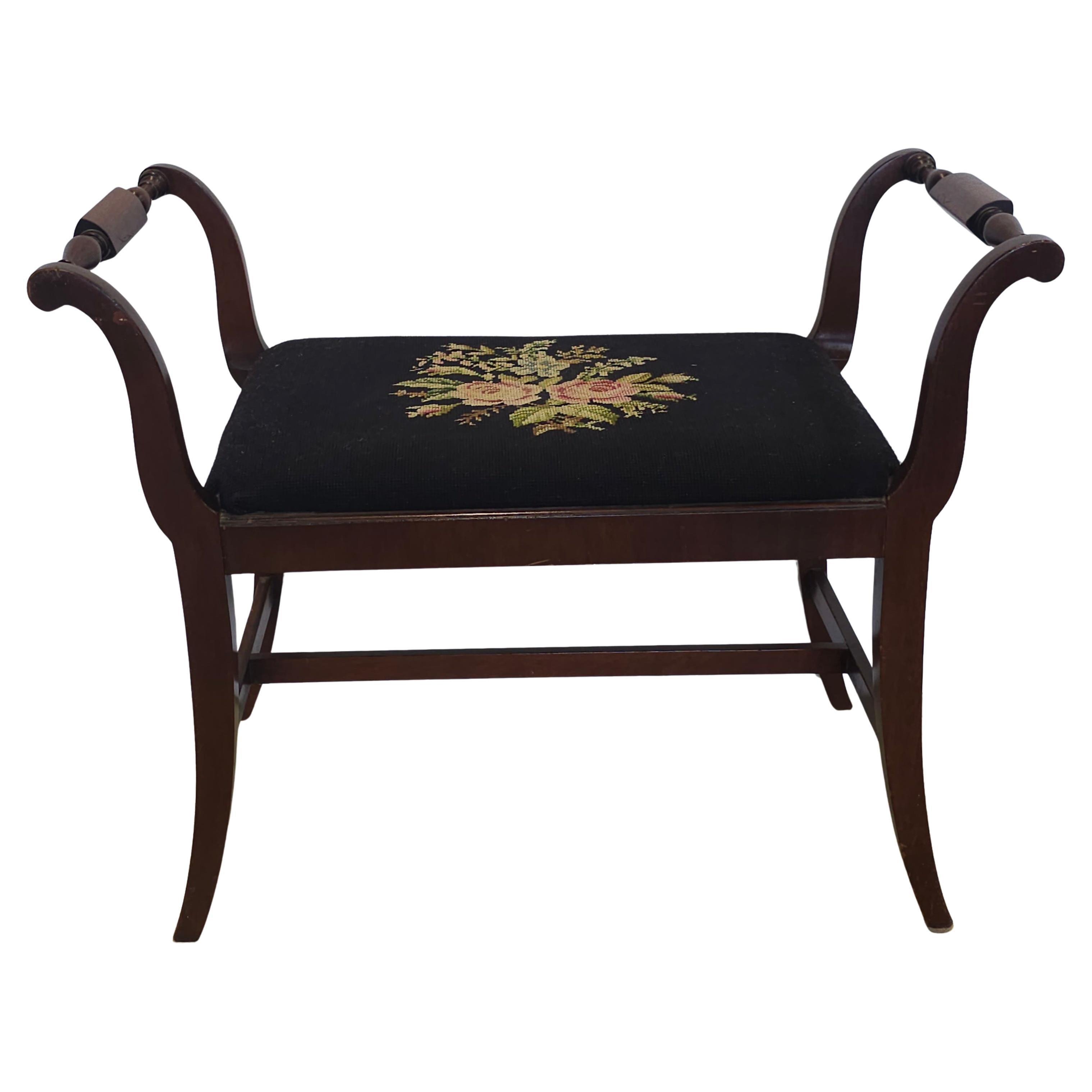 Early 20th Century Stretcher Mahogany and Needlepoint Upholstered Bench