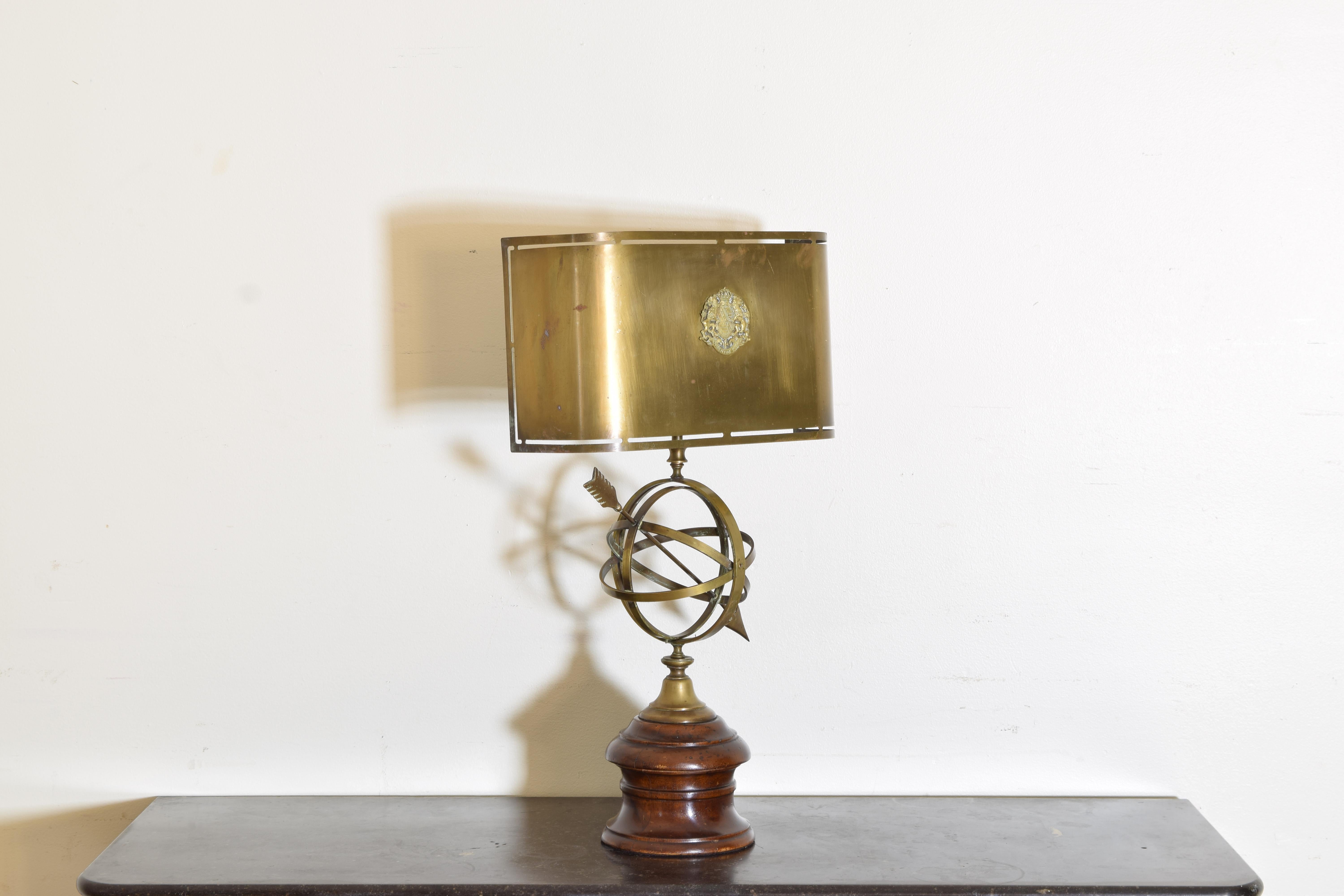 High Victorian Early 20th Century Sundial Lamp with a Heraldic Coat of Arms Brass Shade