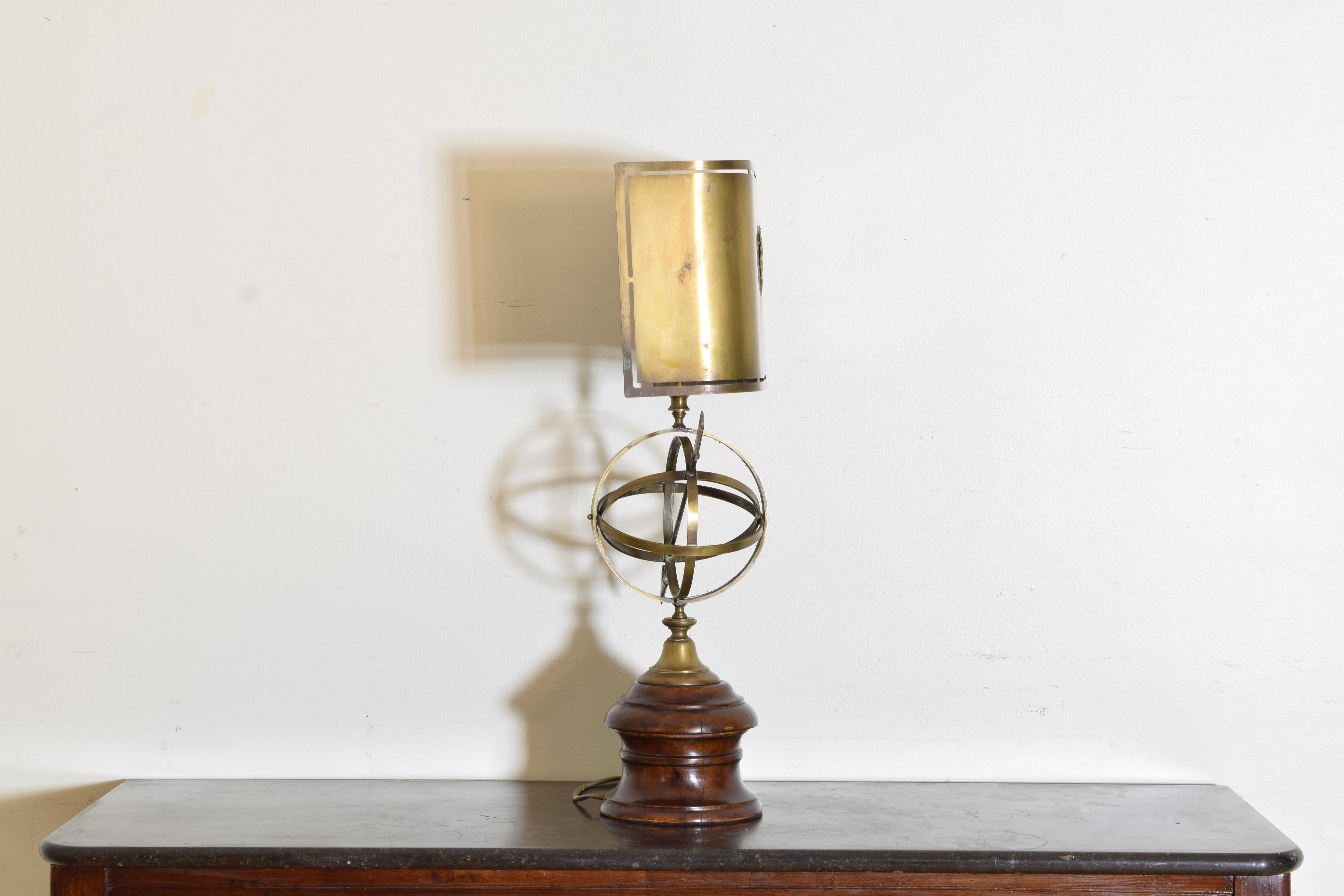 German Early 20th Century Sundial Lamp with a Heraldic Coat of Arms Brass Shade For Sale