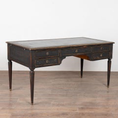 Early 20th Century Swedish Black Painted Five-Drawer Desk with Embossed Leather