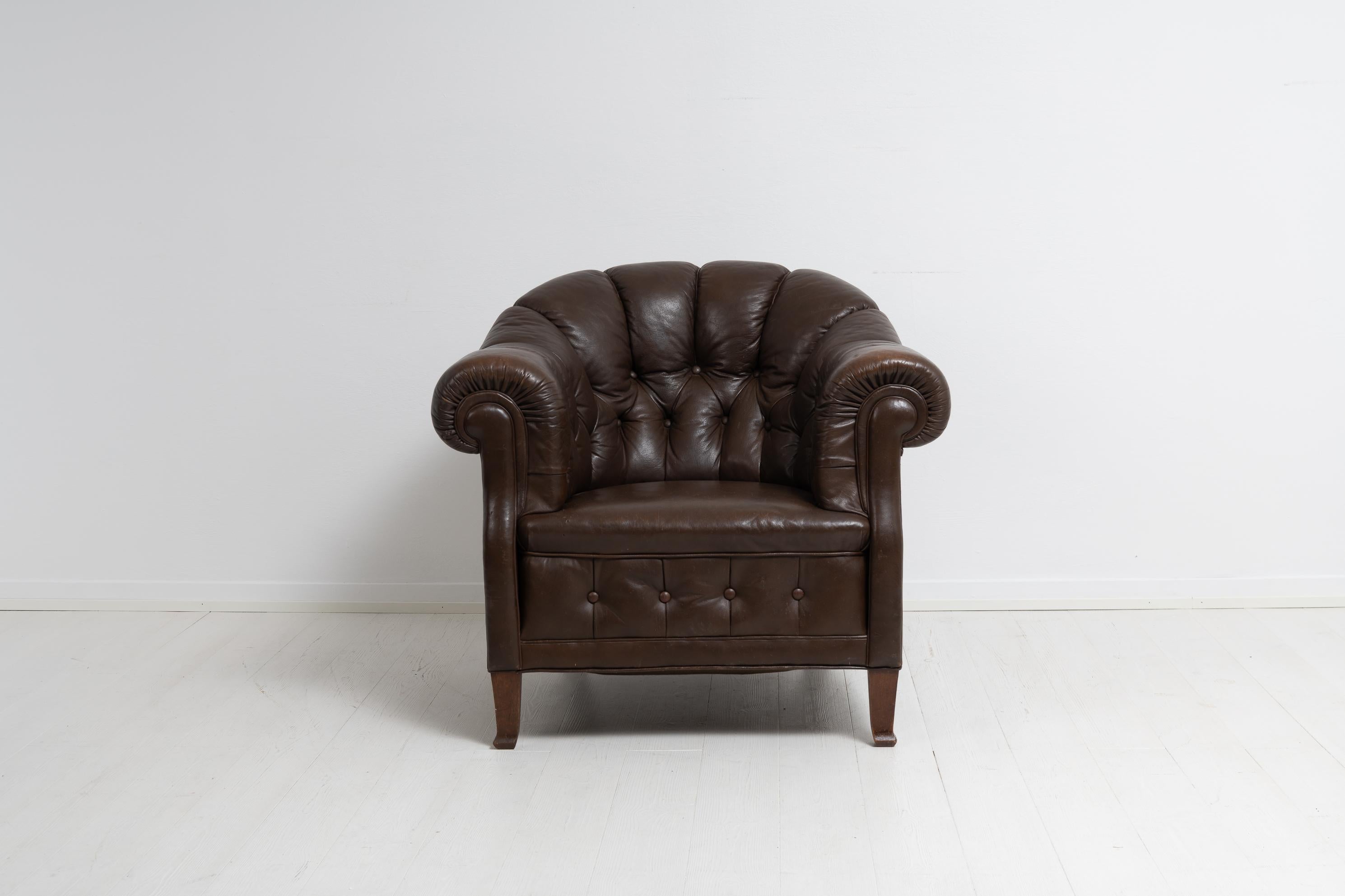 Early 20th Century Swedish Brown Leather Chesterfield Armchair 1