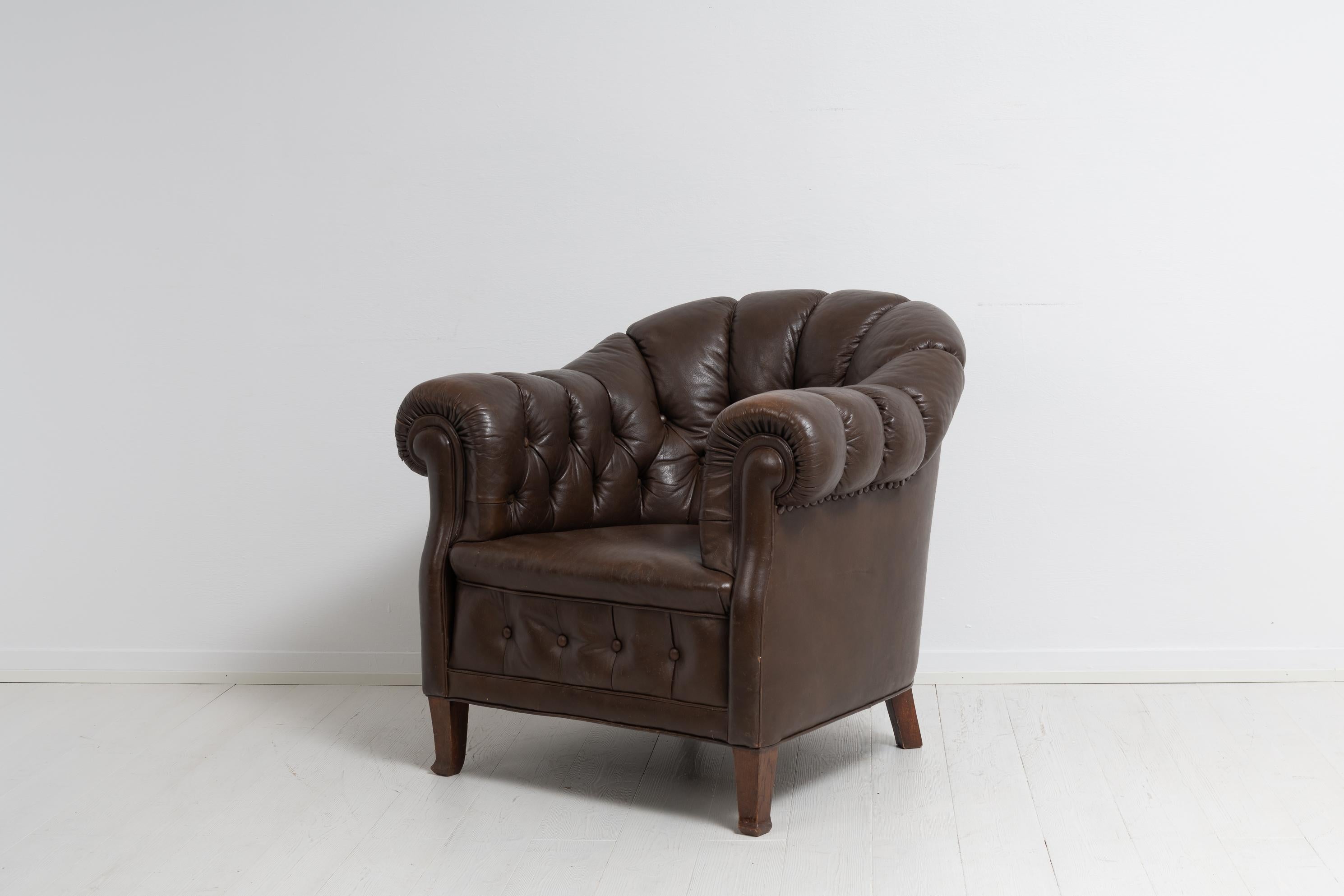 Early 20th Century Swedish Brown Leather Chesterfield Armchair 2