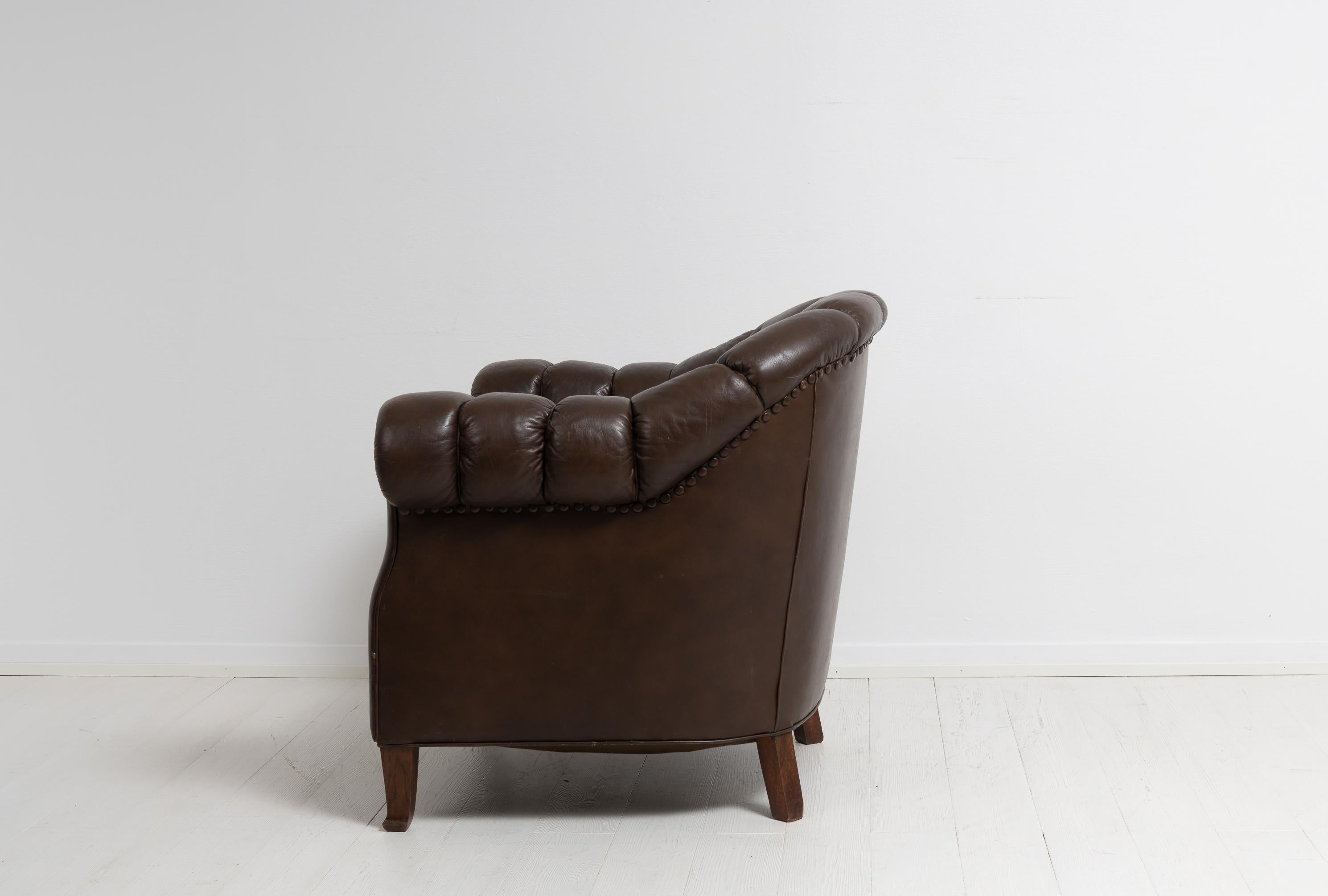 Early 20th Century Swedish Brown Leather Chesterfield Armchair 3