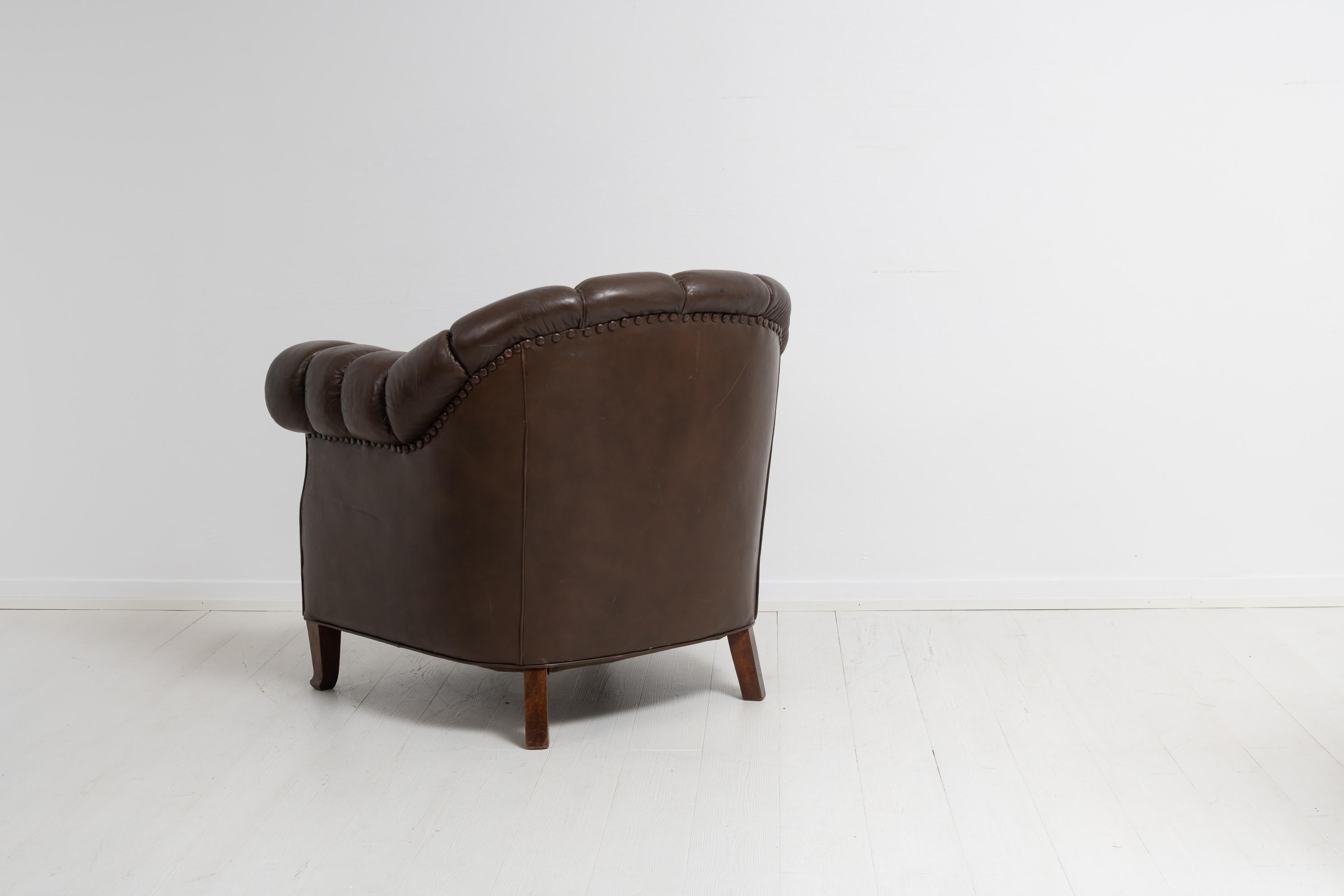Early 20th Century Swedish Brown Leather Chesterfield Armchair 4