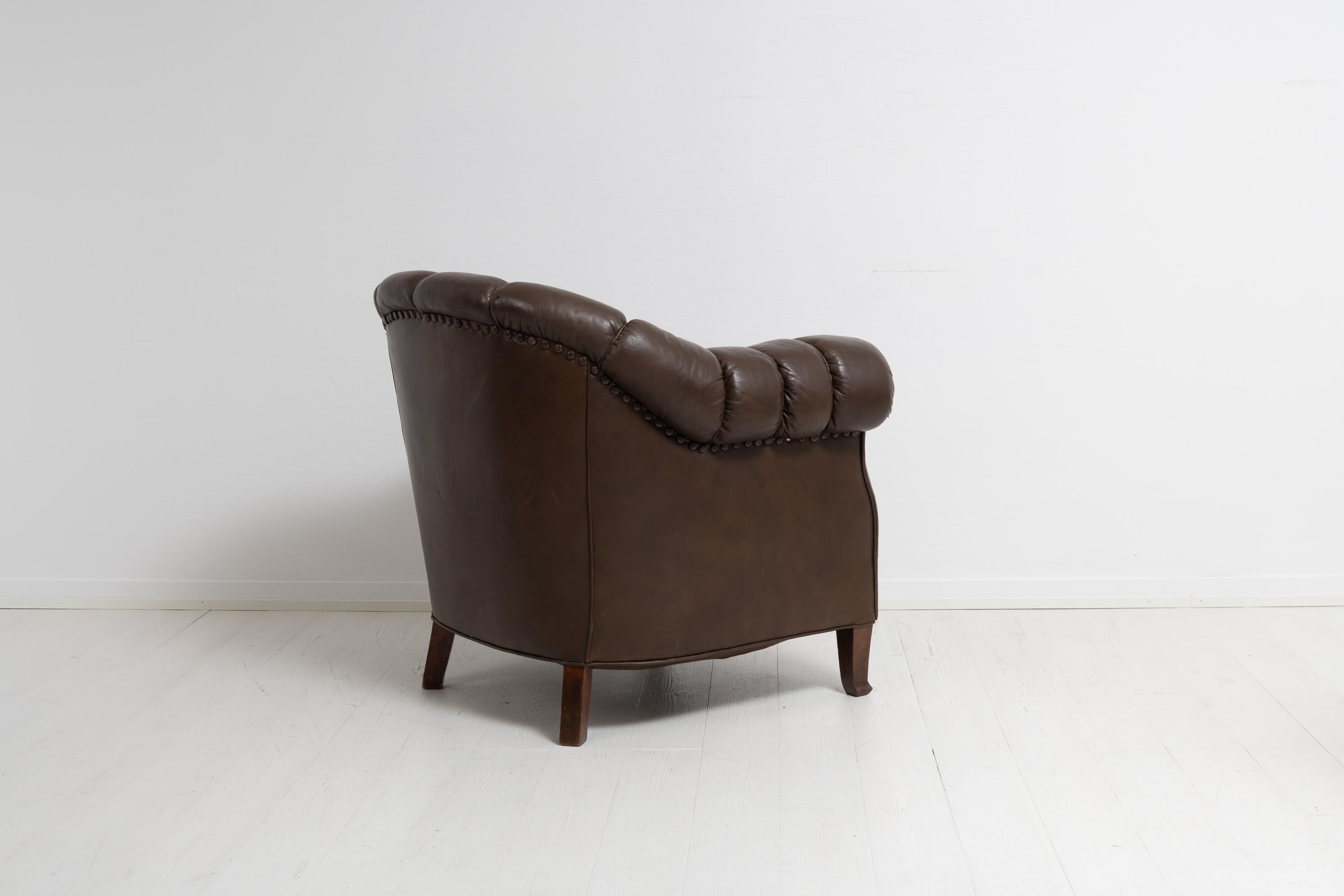 Early 20th Century Swedish Brown Leather Chesterfield Armchair 5