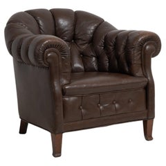 Early 20th Century Swedish Brown Leather Chesterfield Armchair