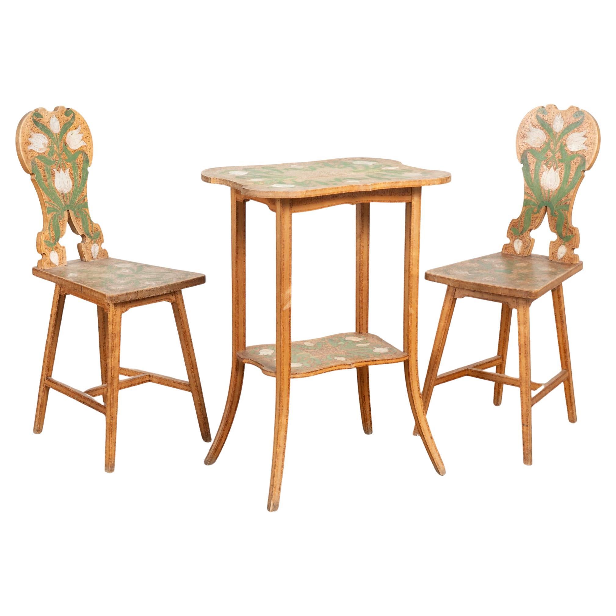 Early 20th Century Swedish Folk Art Side Table 
Pair of Chairs with Tulip Motif For Sale