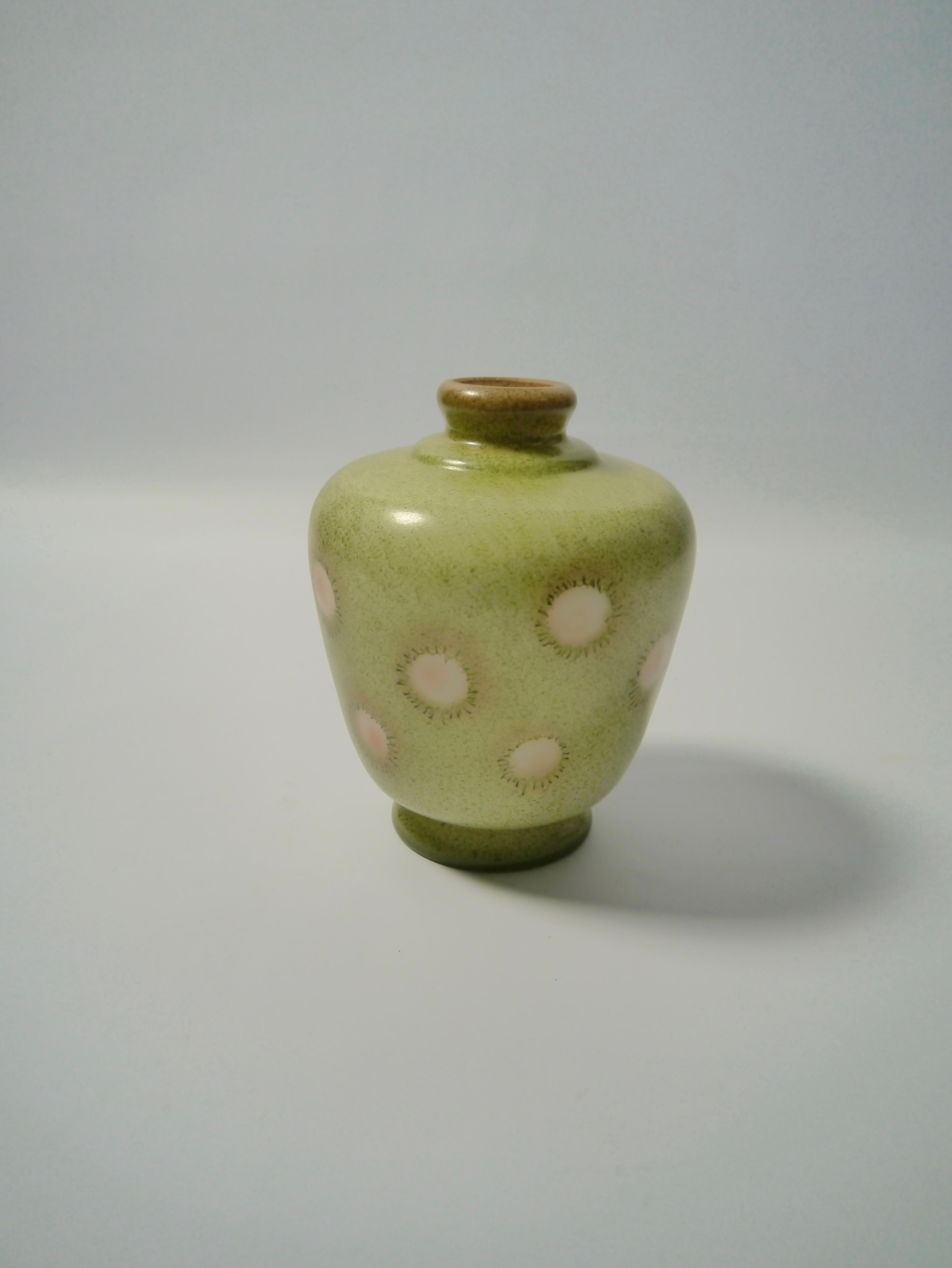 Early 20th century Swedish Grace hand blown glass vase. Mint green on frosted glass with light pink hues to the top and to the polka dots.