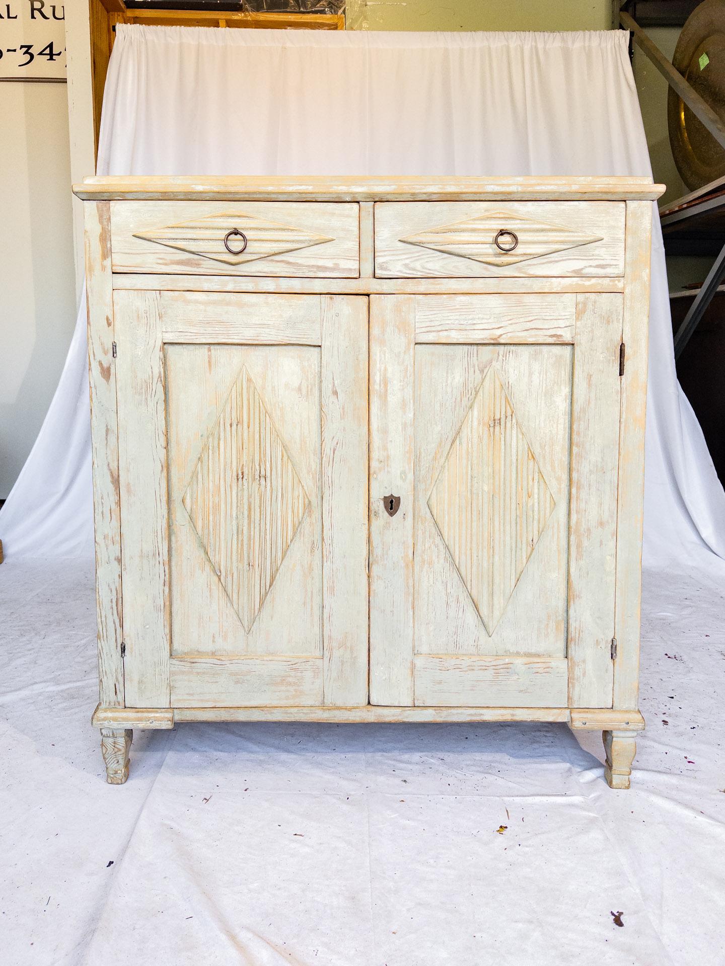 The Early 20th Century Swedish Gustavian Buffet embodies the refined elegance and craftsmanship characteristic of the Gustavian style. Crafted with meticulous attention to detail, it features two drawers and two doors providing ample storage space.