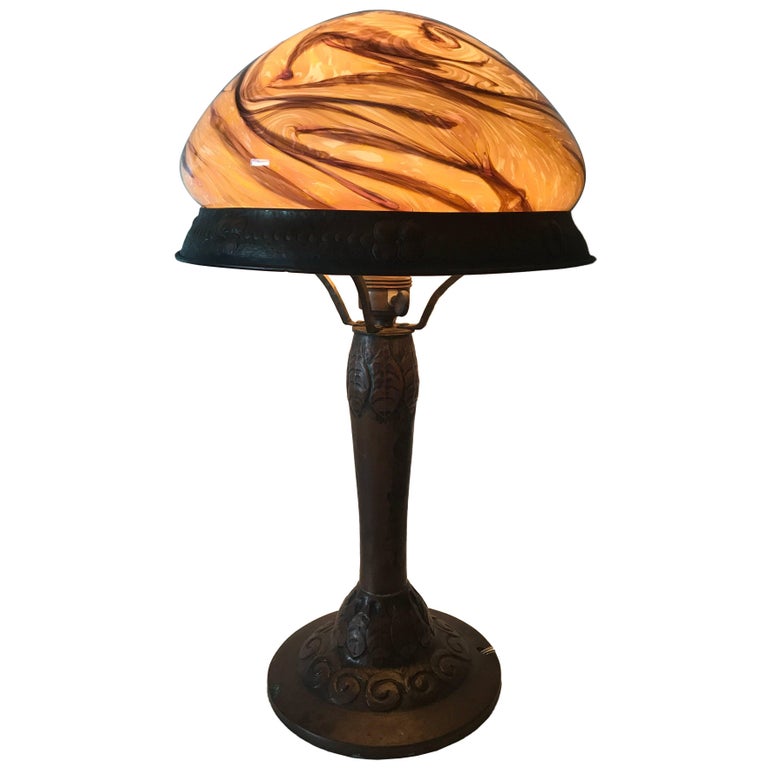 Early 20th Century Swedish Jugend Art Nouveau Copper and Glass Table Lamp For Sale at 1stDibs