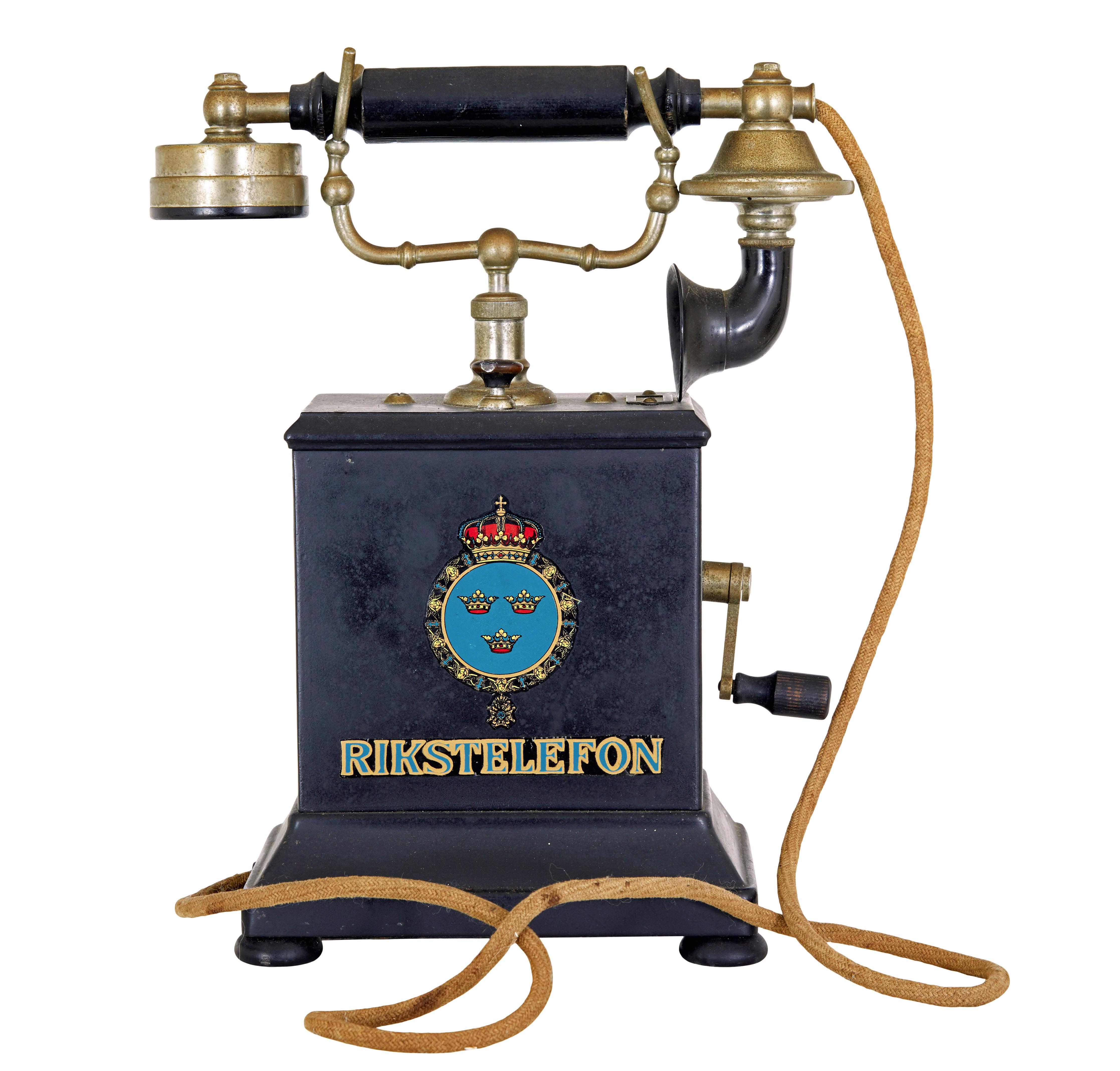 Early 20th century Swedish metal telephone by rikstelefon circa 1900.

Quite possibly early than dated, here we have a sheet metal rikstelefon telephone set.  Rikstelefon was the national network provider from the 19th century to the late 20th