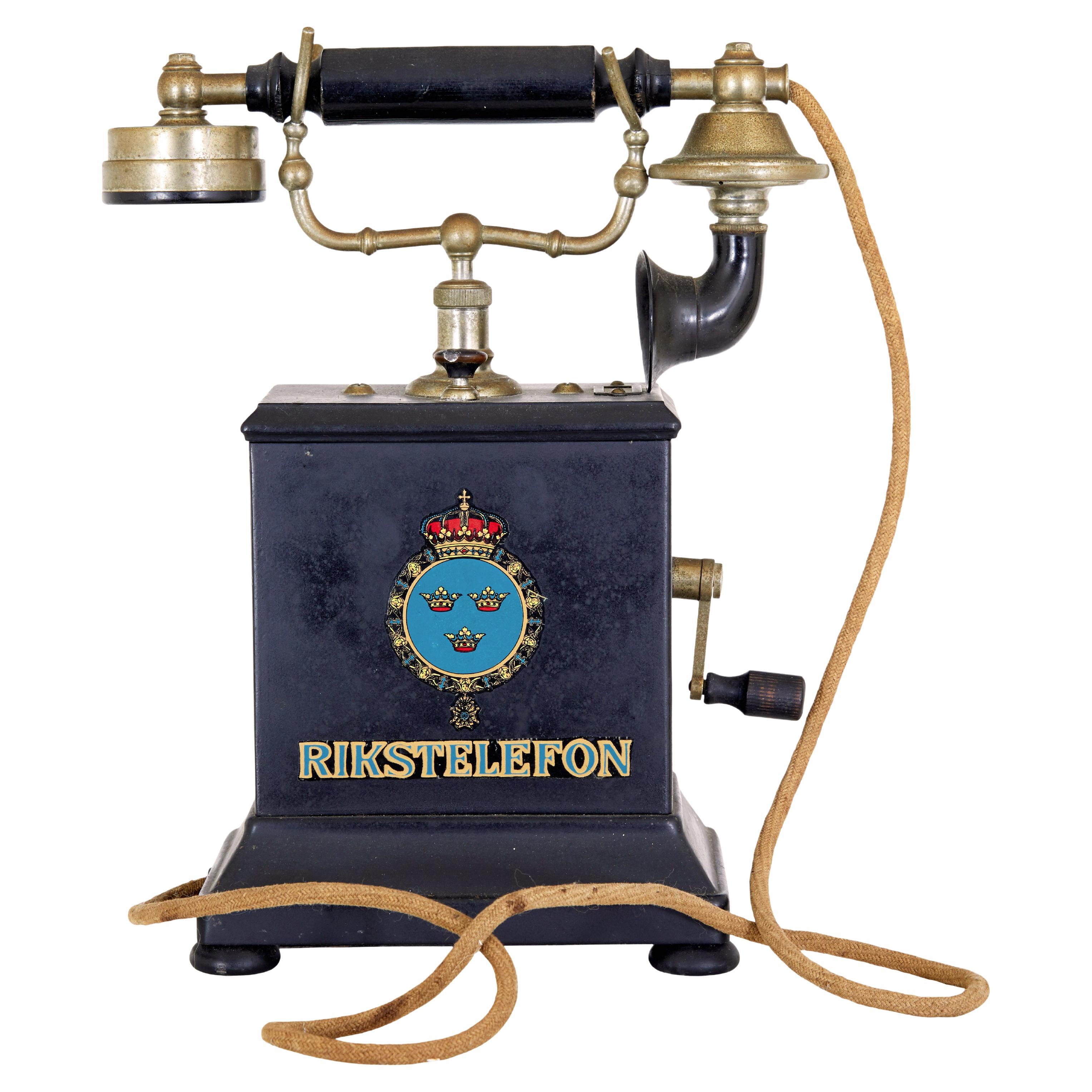 Schwedisches Metall Telefon aus dem frühen 20. Jahrhundert von Rikstelefon
