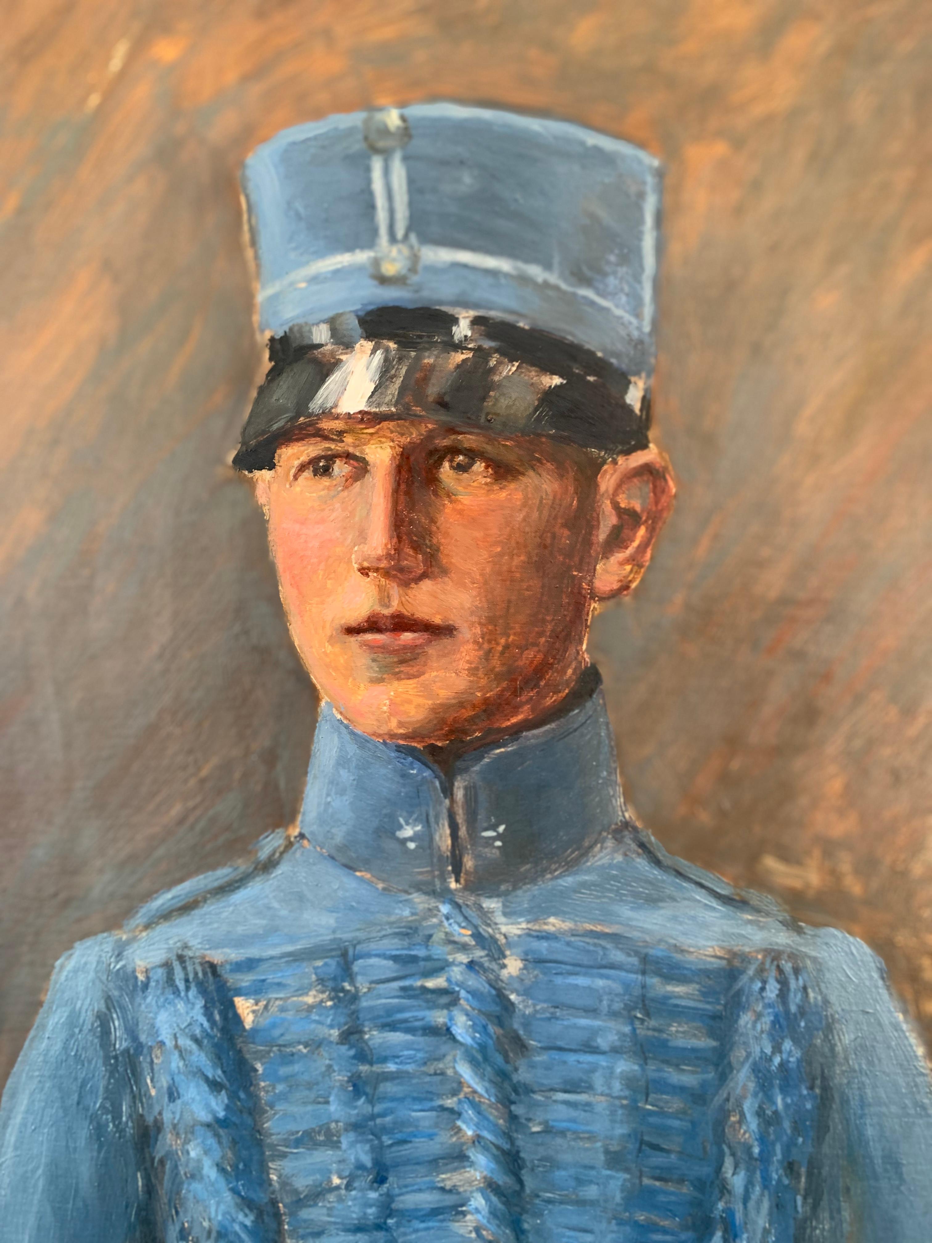 Art déco Peinture à l'huile suédoise du début du 20e siècle représentant un officier en bleu en vente